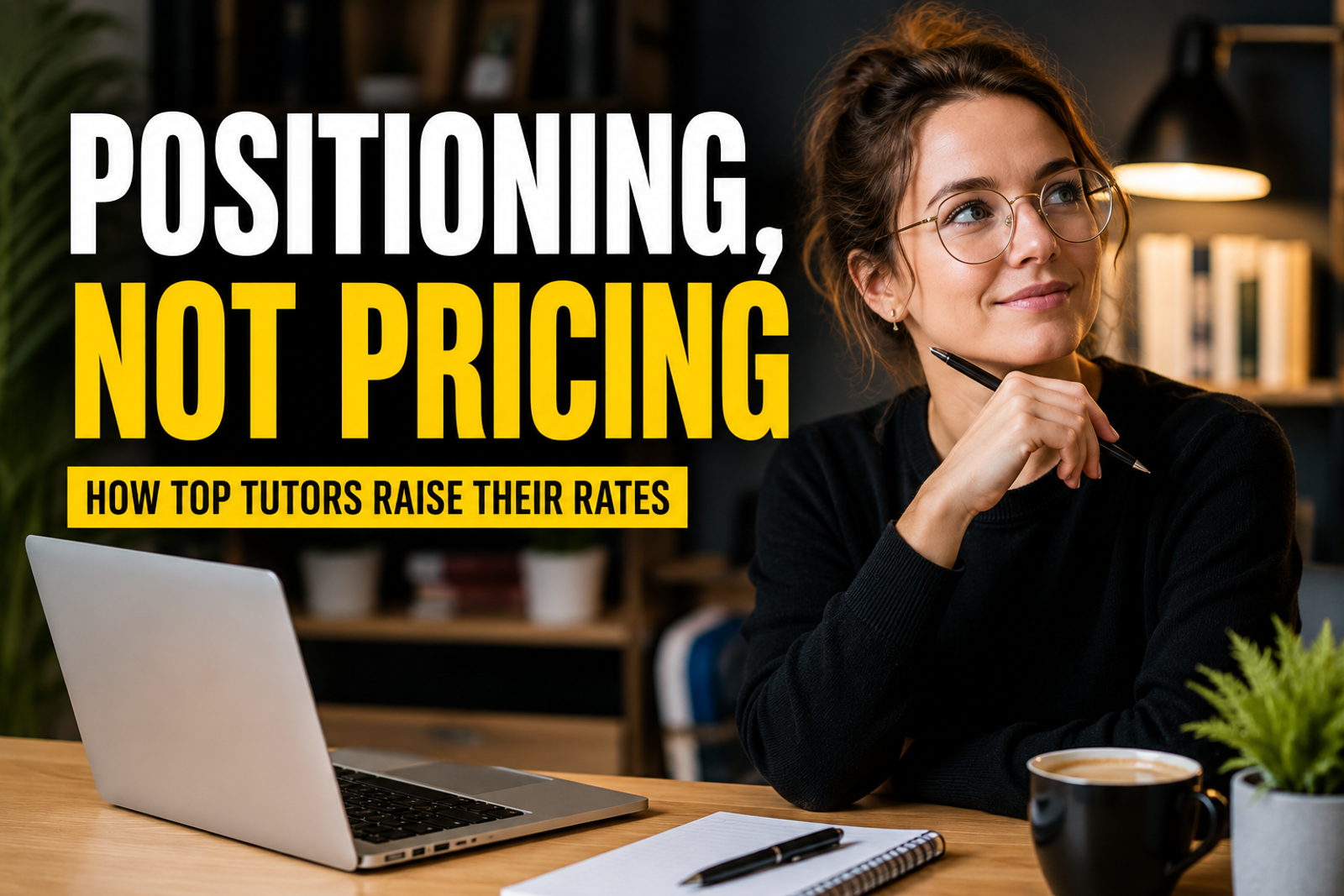 A language tutor sits thoughtfully at a desk in a modern home office beside a laptop and notebook, with bold text reading “Positioning, Not Pricing” and “How Top Tutors Raise Their Rates.”