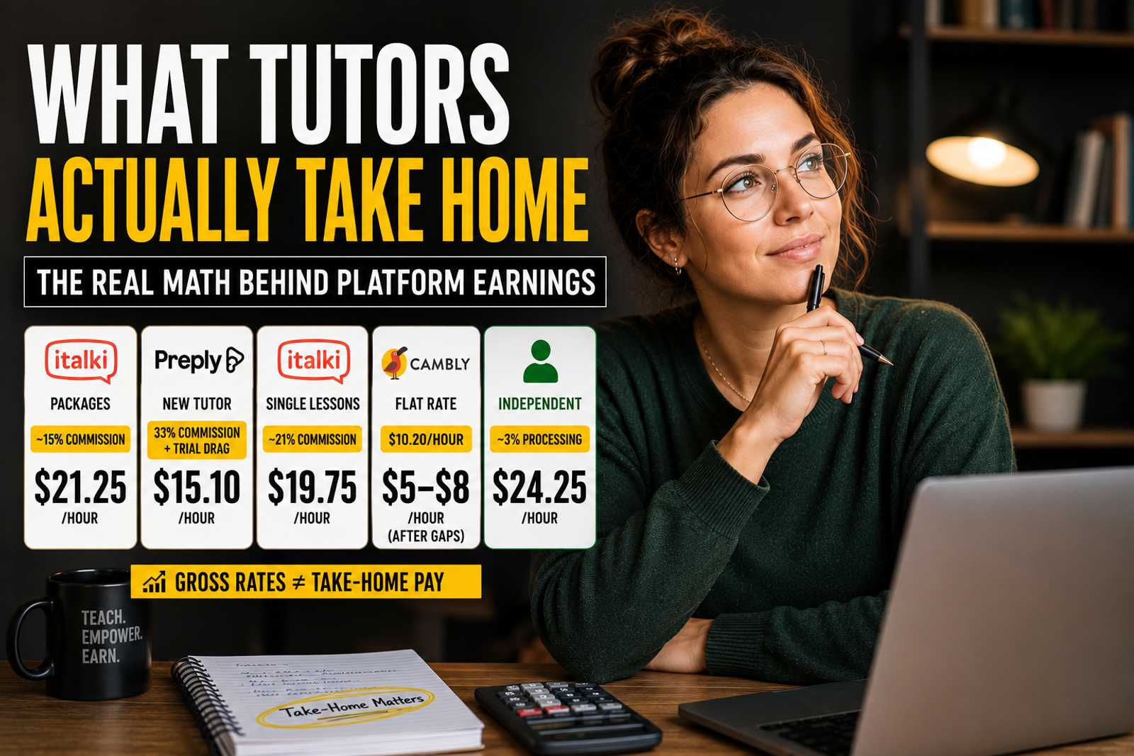 Thumbnail-style illustration of a surprised online tutor comparing real take-home earnings across italki, Preply, Cambly, and independent teaching platforms in 2026.