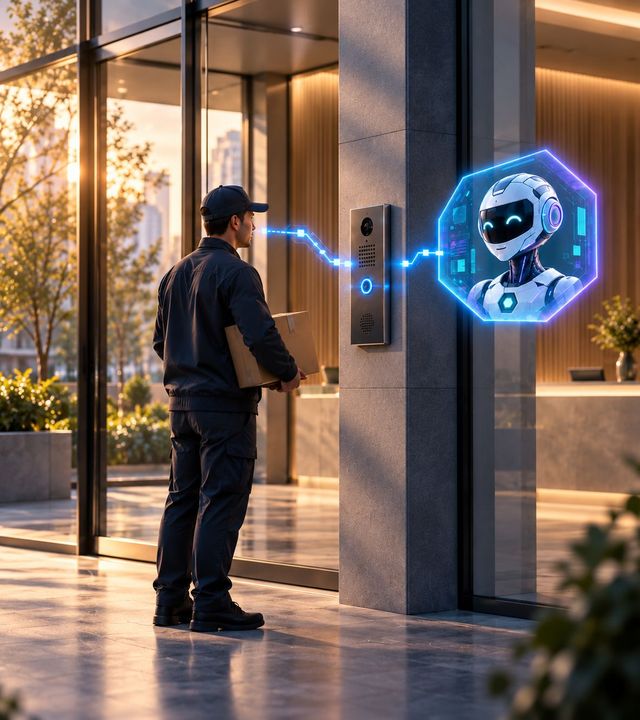 Concept illustration of an intercom conversation being handed over to a colleague wearing a headset.
