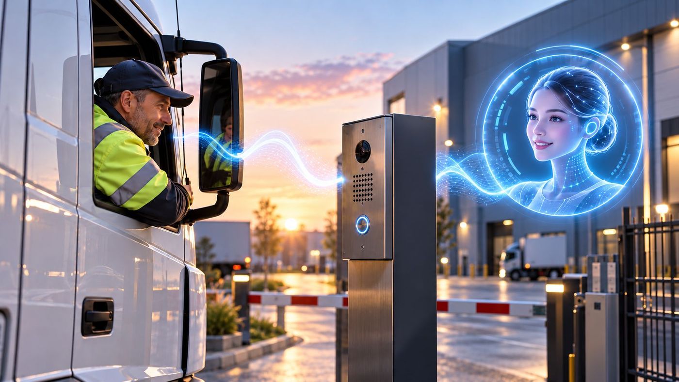 A truck driver at a gate intercom talking to an AI receptionist, shown as a holographic assistant