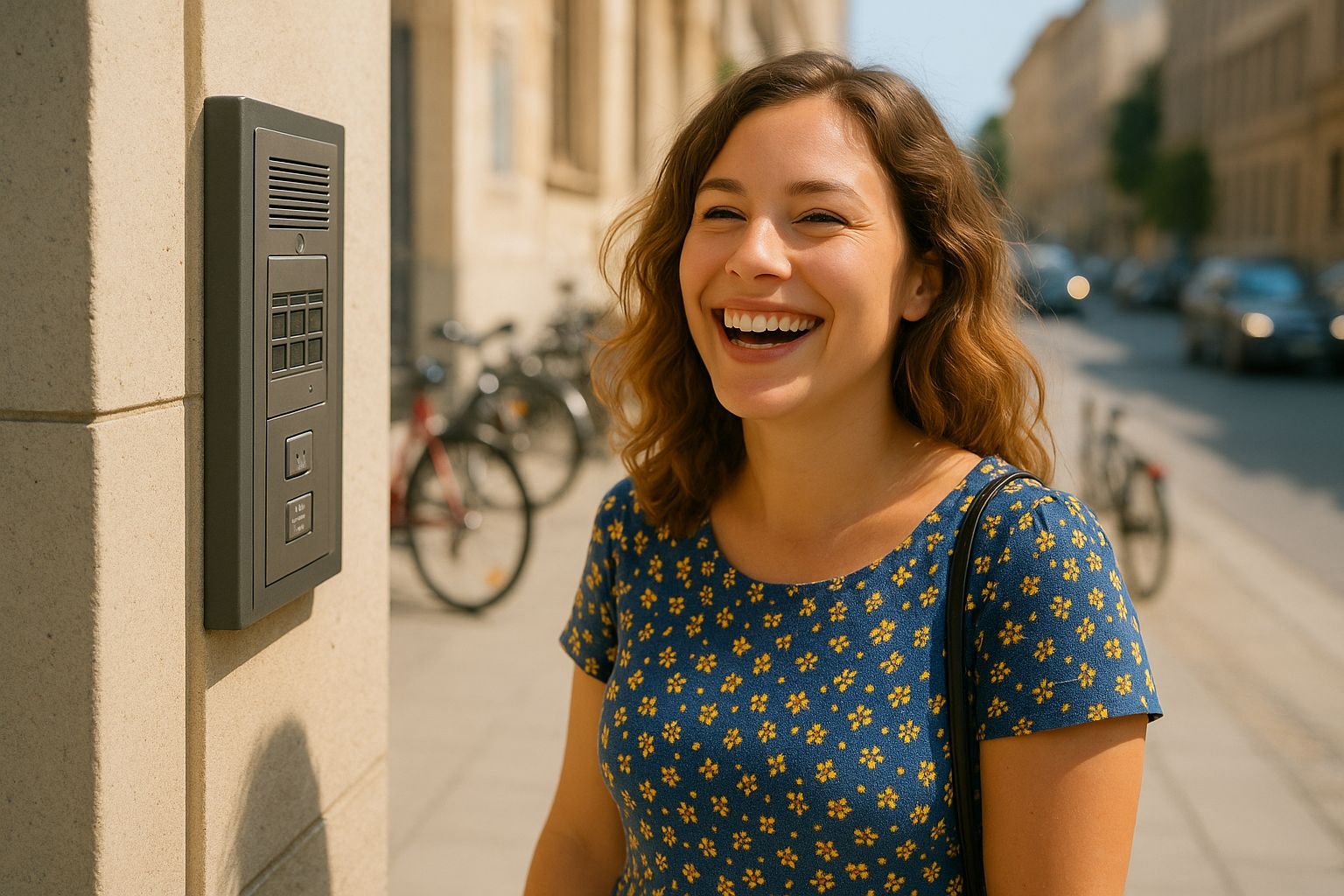Visitor ringing a SIP intercom at the door