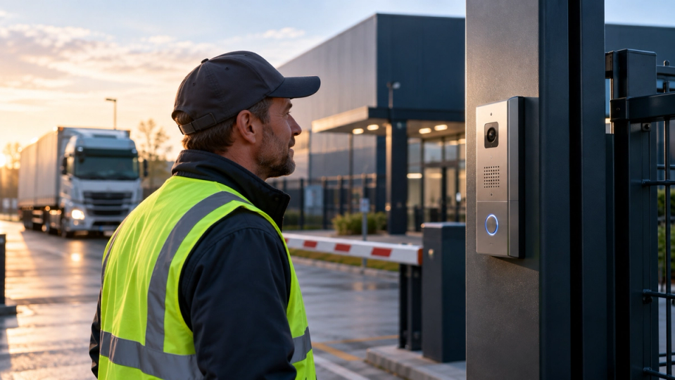 A driver in a high-visibility jacket at a gate intercom at dawn, with a truck waiting behind the barrier