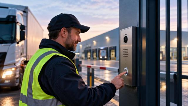 A delivery driver pressing the intercom button at a distribution centre entrance.