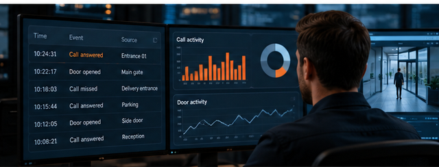 Security operator watching a live dashboard of intercom calls and door openings