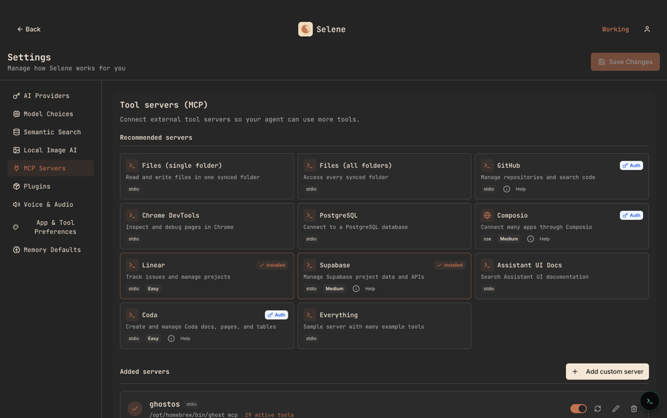 Selene MCP Servers settings showing ten tool server integrations including GitHub, PostgreSQL, Linear, Supabase, and a custom ghostos server with 29 active tools