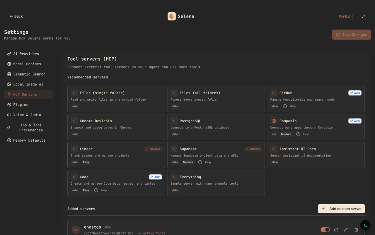 Selene MCP Servers settings showing ten tool server integrations including GitHub, PostgreSQL, Linear, Supabase, and a custom ghostos server with 29 active tools