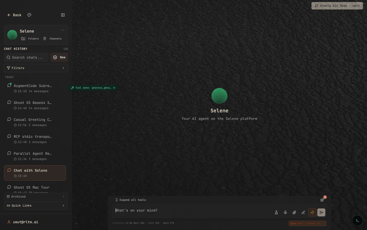 Selene desktop app welcome screen with chat history sidebar and prompt input