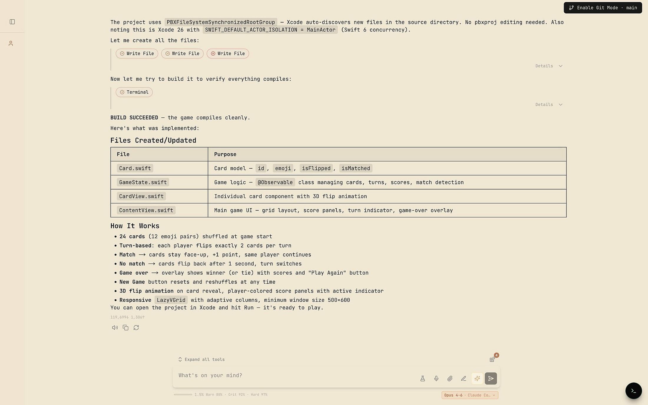 Agent building the Swift app