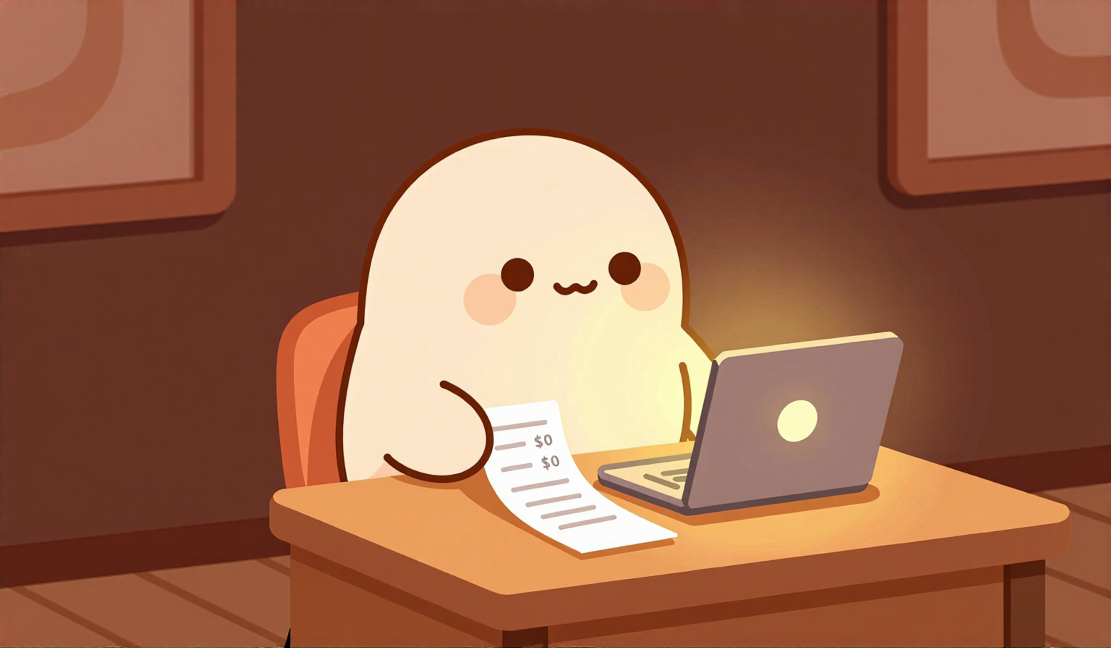 A friendly cream-colored blob character sits at a wooden desk holding a long paper receipt with clean line items, next to a small glowing laptop. Warm terracotta palette, cozy late-night coding vibe.