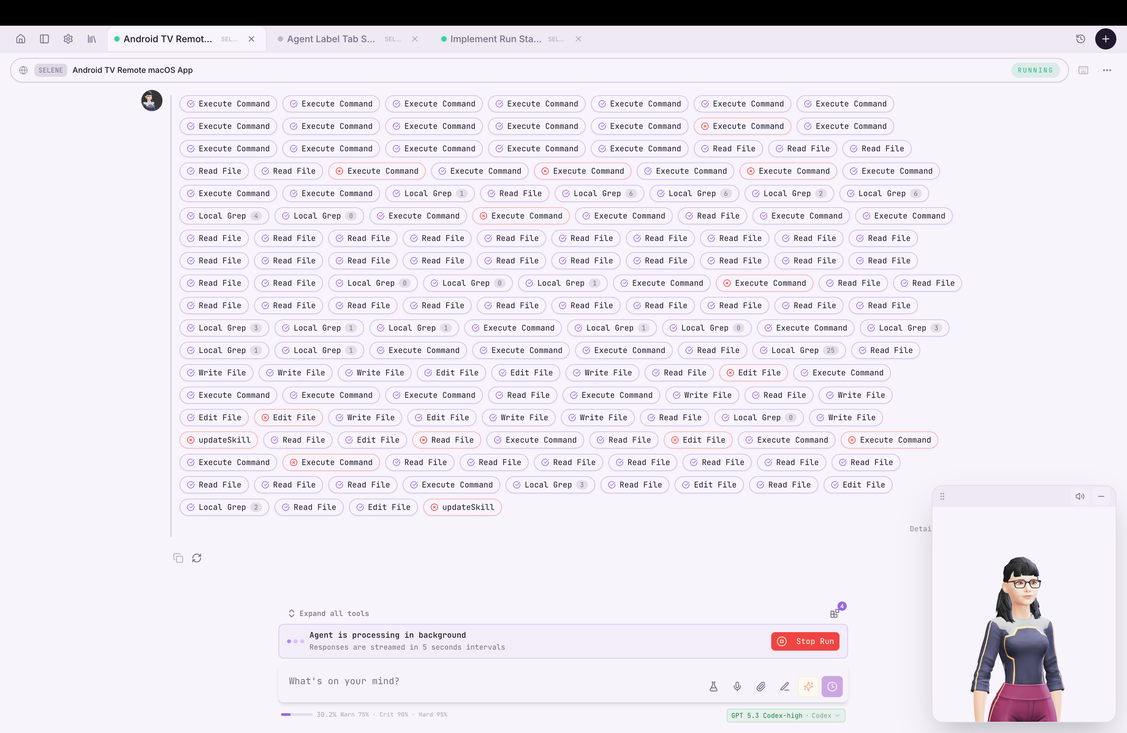 Selene run screen showing the agent actively building the Android TV Remote app