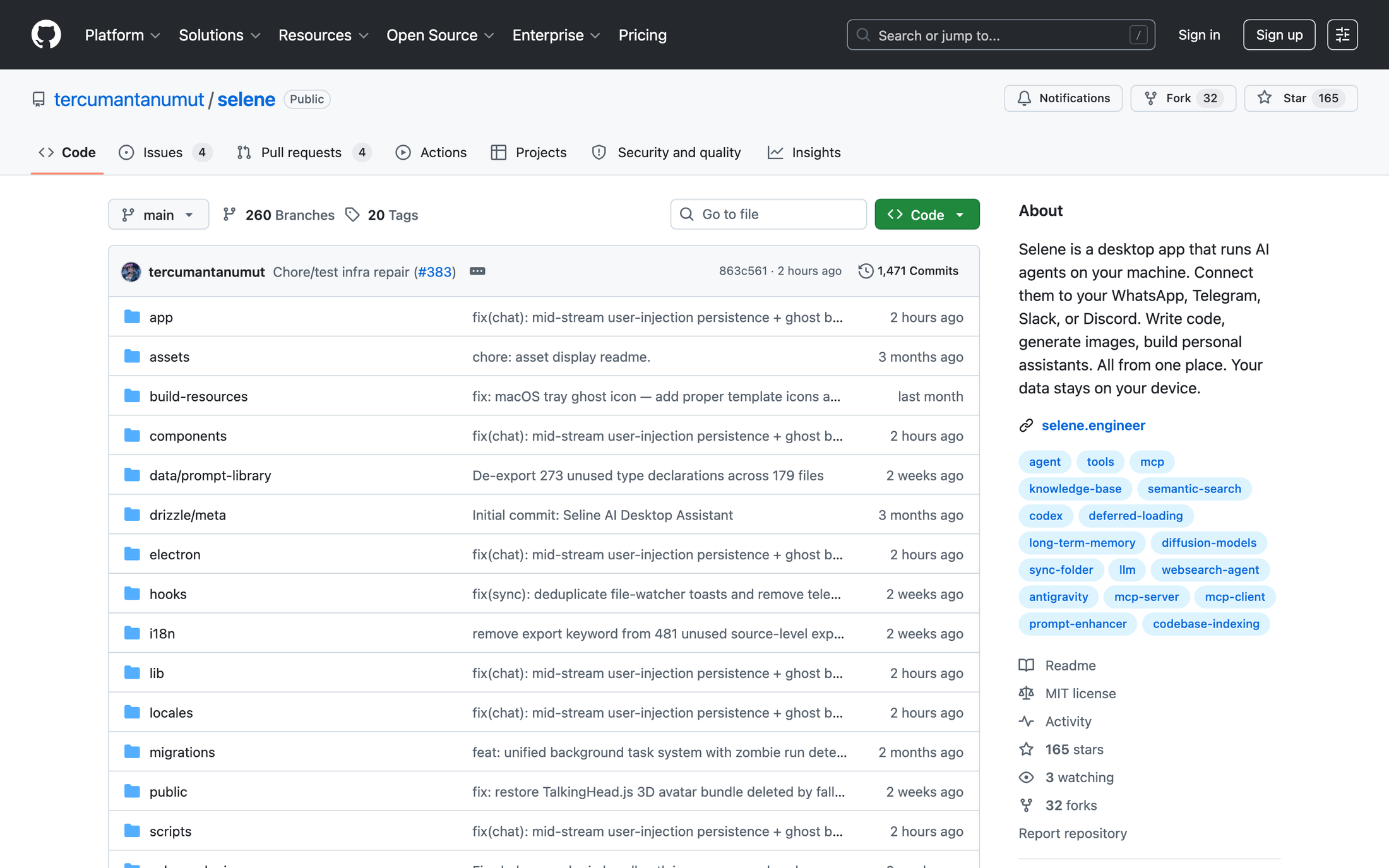 GitHub repository page for tercumantanumut/selene showing the repo is Public, MIT licensed, with 165 stars, 32 forks and 1,471 commits.