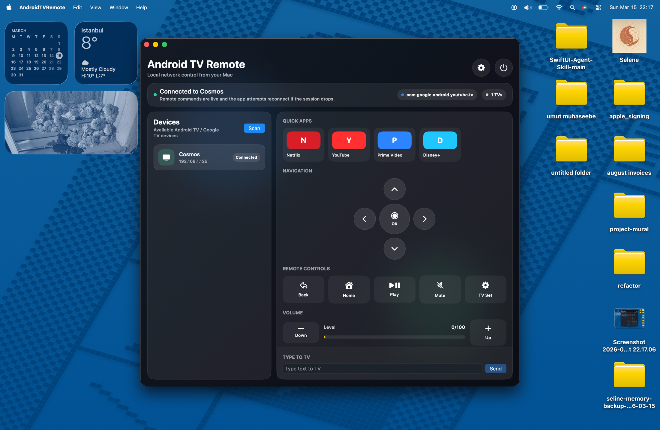 Android TV Remote connected to Cosmos from a Mac desktop