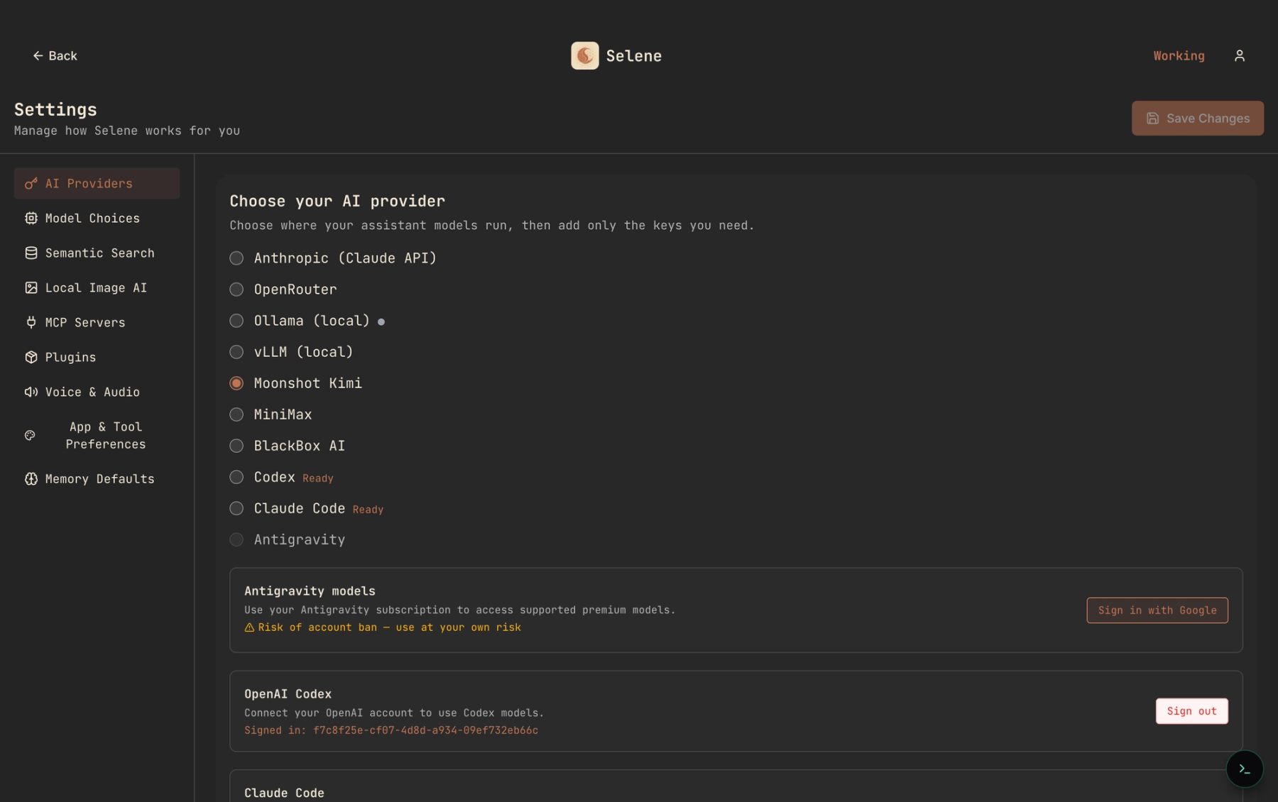 Selene Settings panel titled "Choose your AI provider" showing ten providers — Anthropic, OpenRouter, Ollama, vLLM, Moonshot Kimi, MiniMax, BlackBox AI, Codex, Claude Code and Antigravity — as radio options, with an OpenAI Codex connected account card beneath.