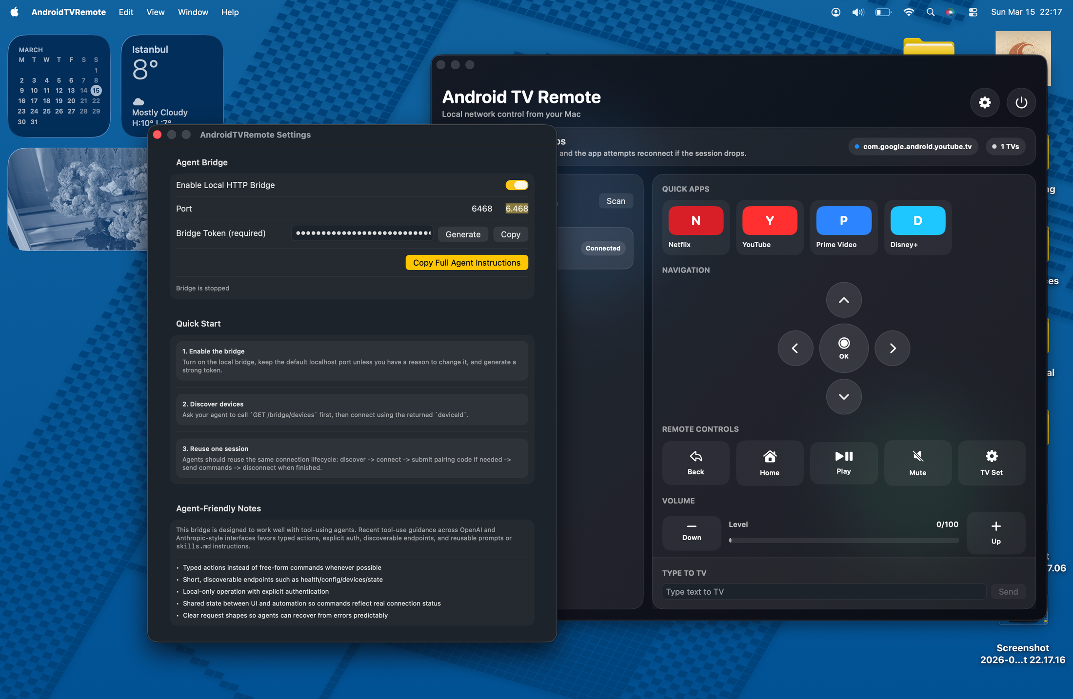 Android TV Remote settings showing the local agent bridge configuration