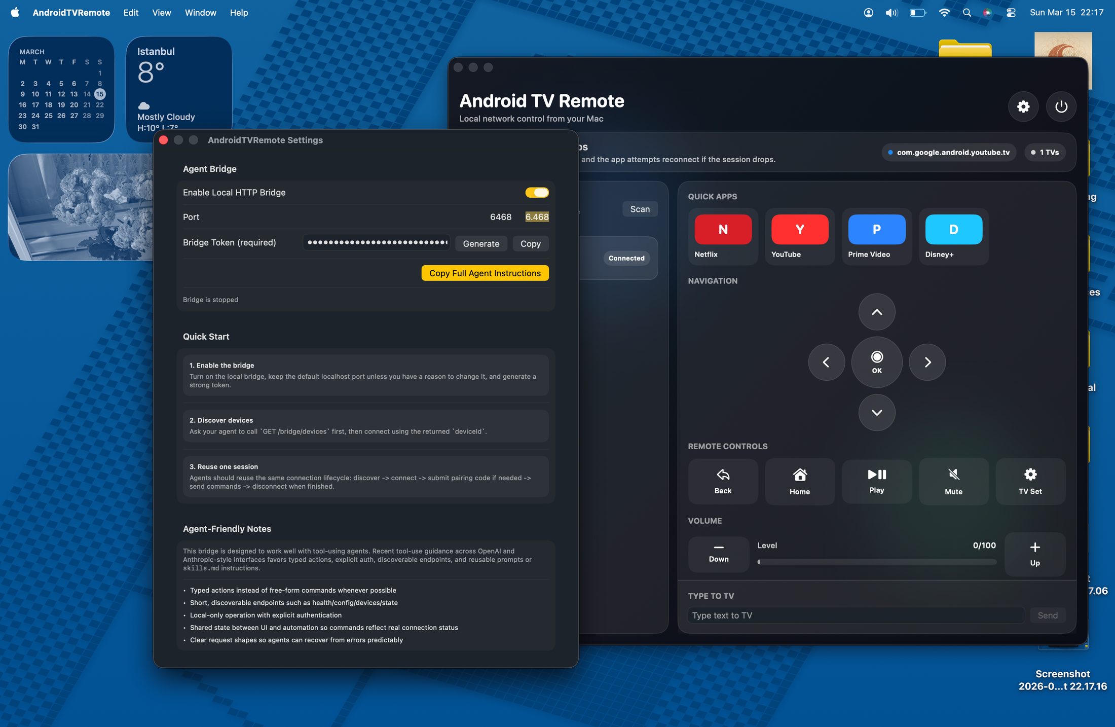 Android TV Remote settings showing the local agent bridge configuration