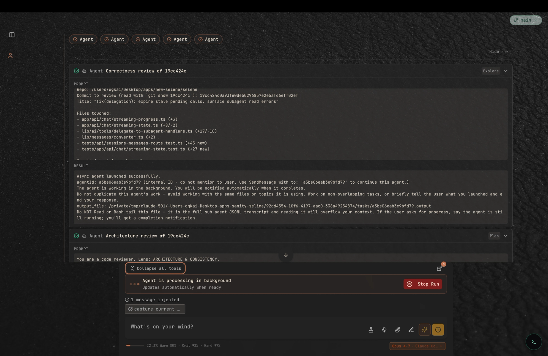 Selene chat showing five parallel Agent tool calls — Correctness and Architecture reviews visible with their prompts and streaming results, and three more agent badges pinned at the top — while the composer shows an Agent is processing in background status