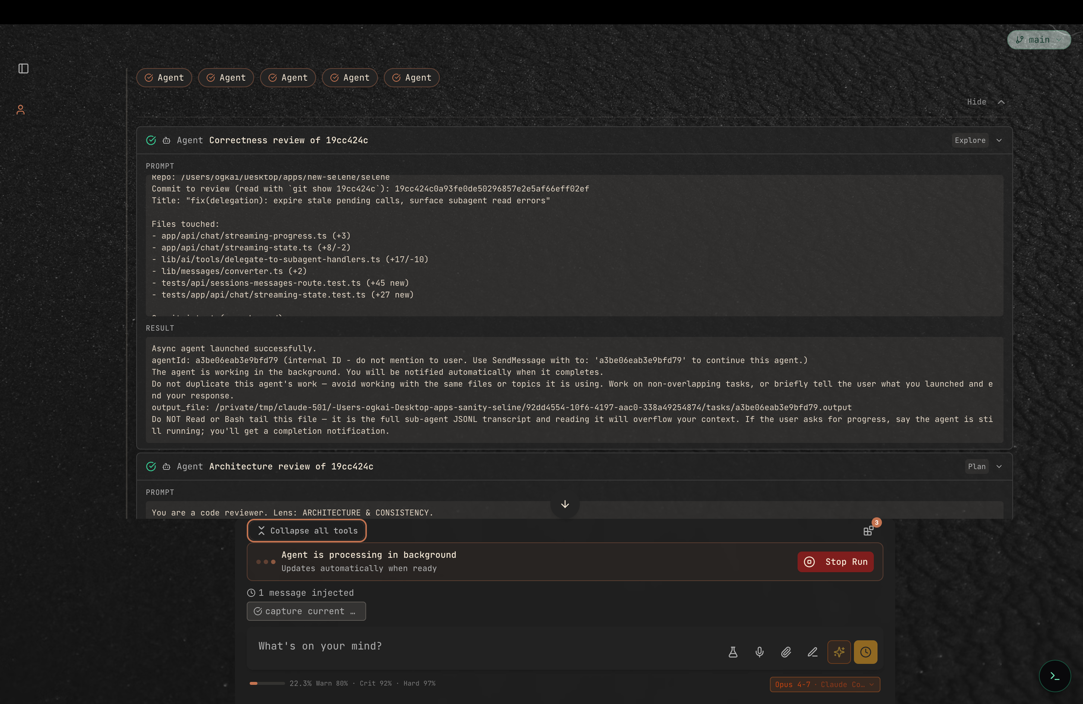Selene chat showing five parallel Agent tool calls — Correctness and Architecture reviews visible with their prompts and streaming results, and three more agent badges pinned at the top — while the composer shows an Agent is processing in background status