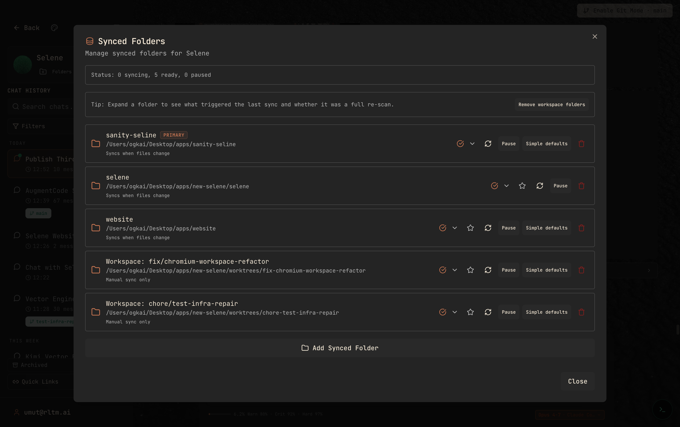 Selene "Synced Folders" modal listing repositories being indexed locally, each with sync, pause and default controls.