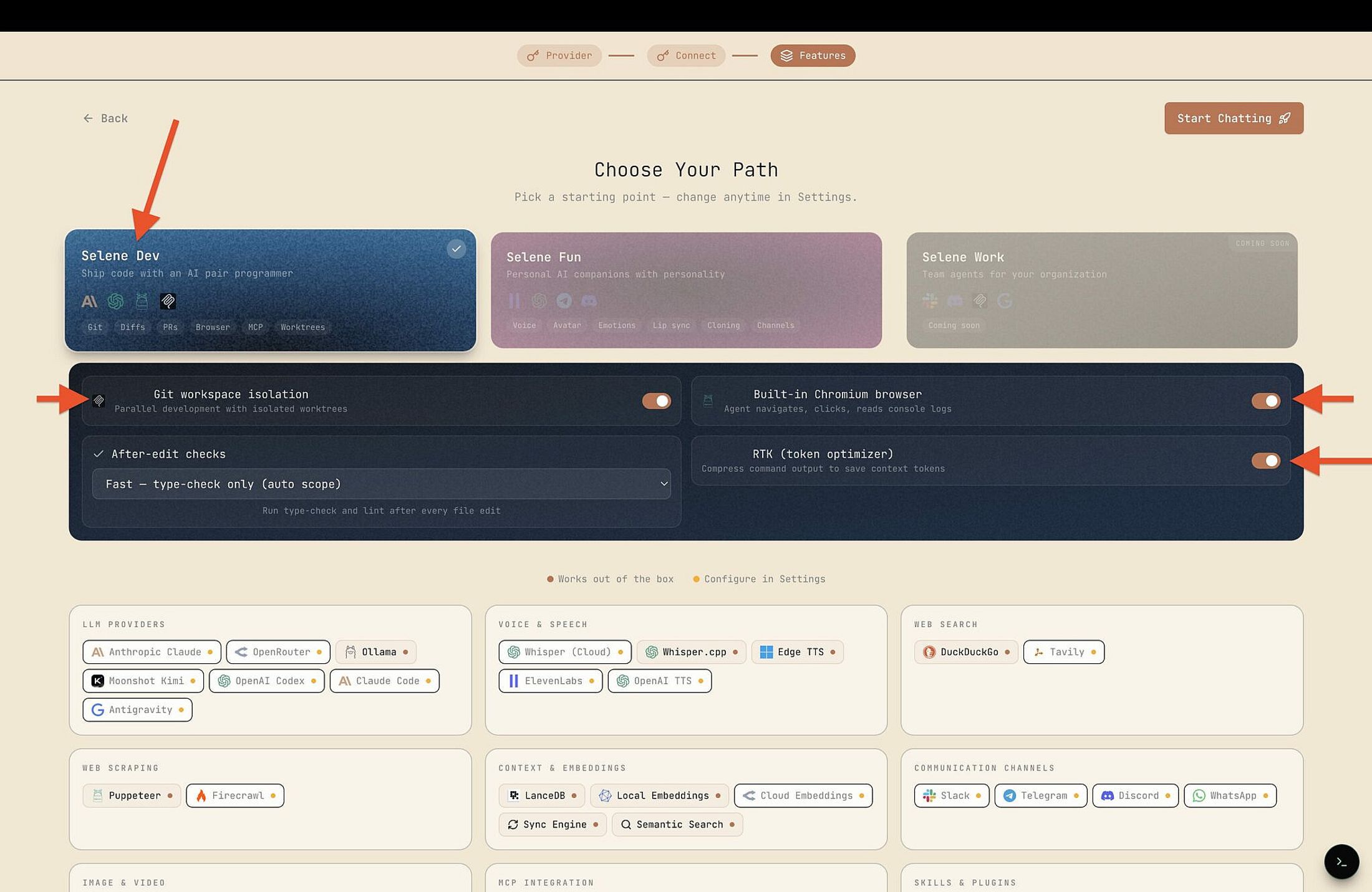 Selene Dev mode settings panel