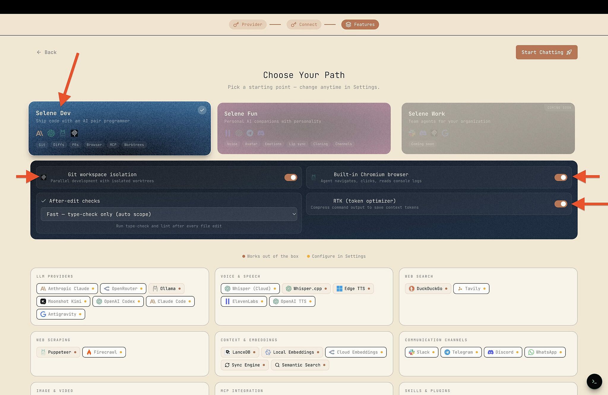 Selene Dev mode settings panel