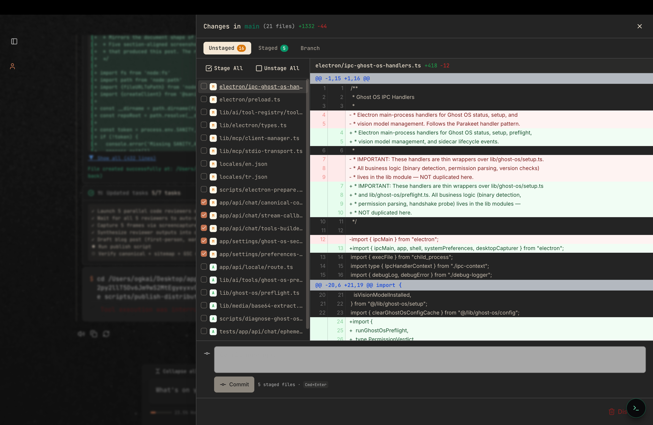 Selene Git Mode modal showing a diff review across 21 files with unstaged and staged tabs, selectable file list on the left, and inline diff of electron/ipc-ghost-os-handlers.ts on the right