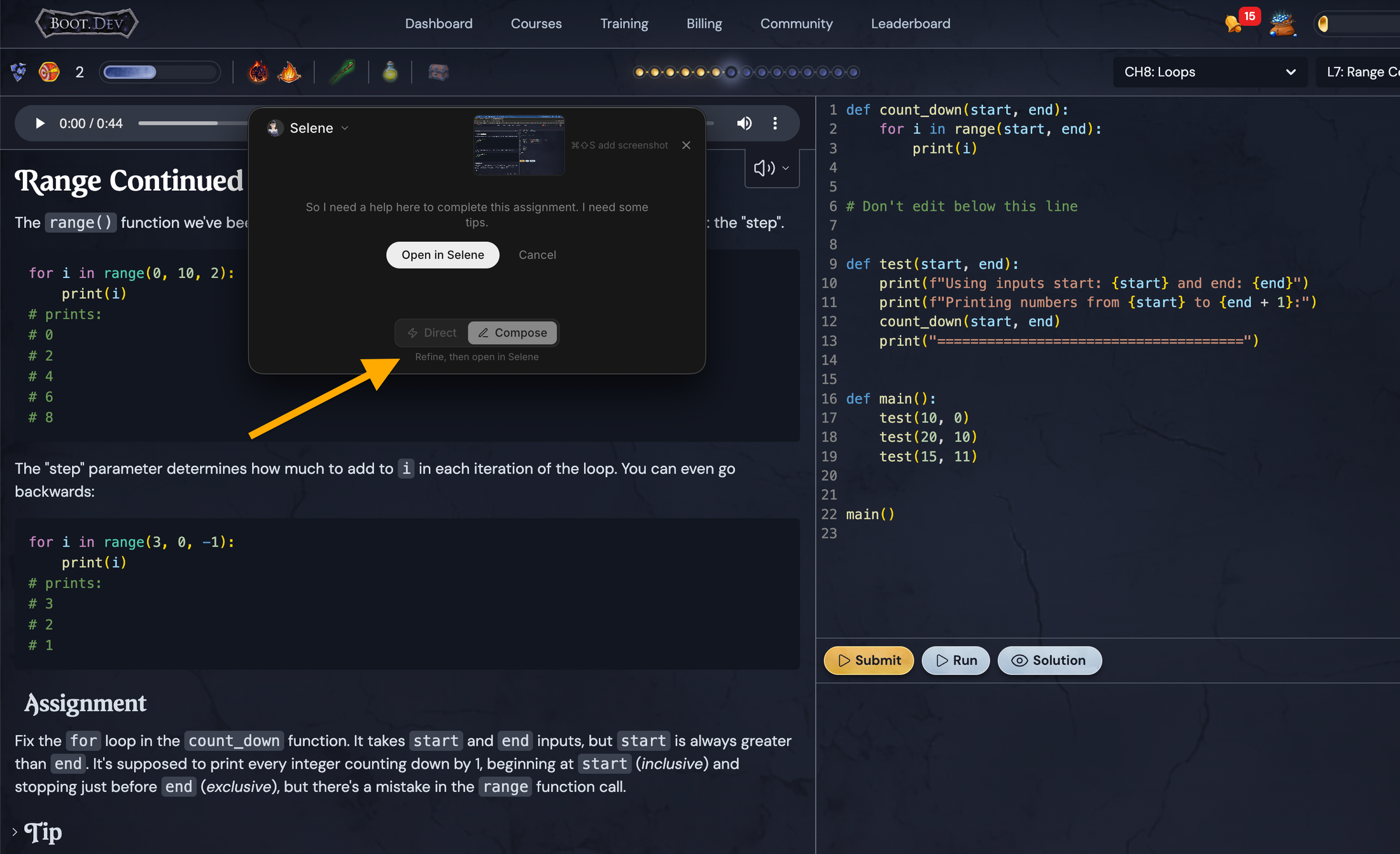 Selene voice overlay floating above a coding tutorial, showing the Direct and Compose options