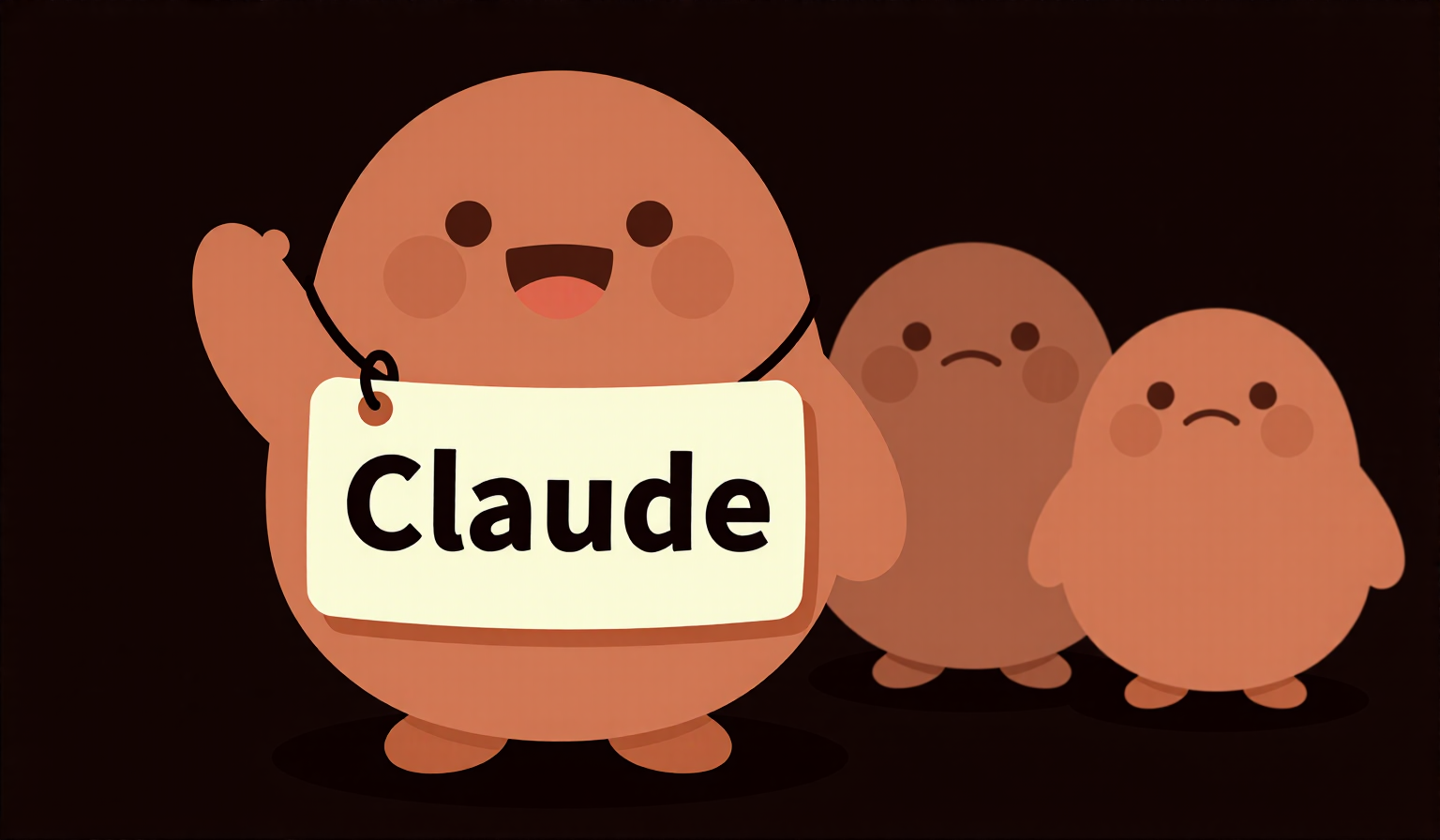 A smiling round blob character wearing a large paper name tag that reads "Claude" in bold text, with three unnamed blobs standing idle in the background.