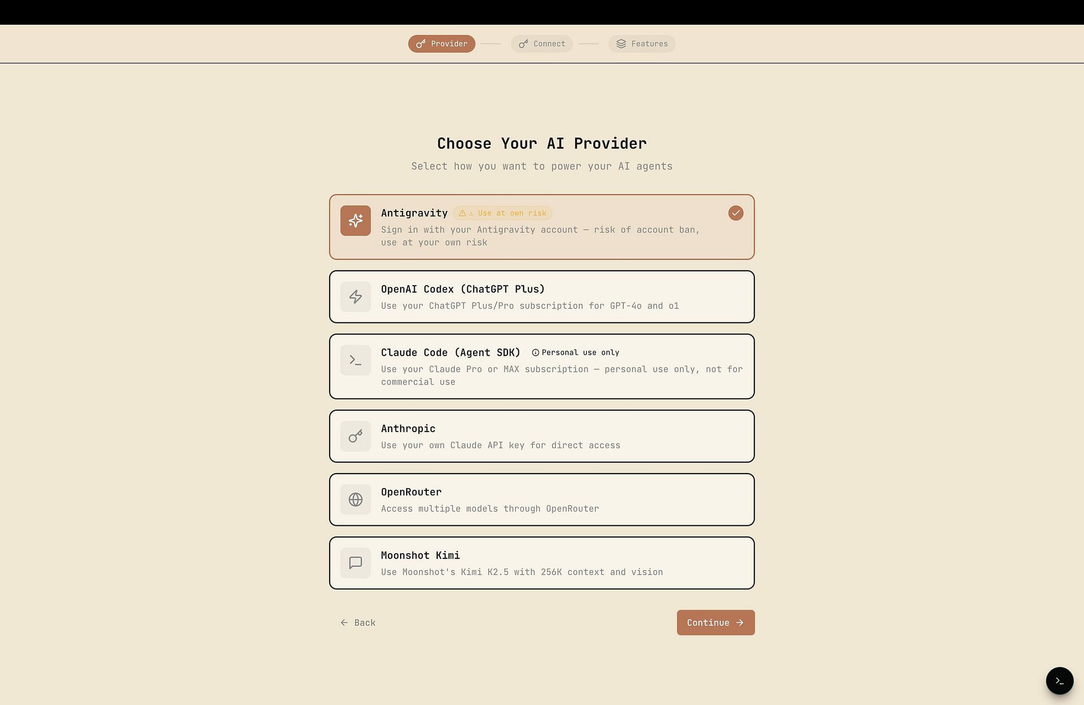 Selene LLM provider selection screen