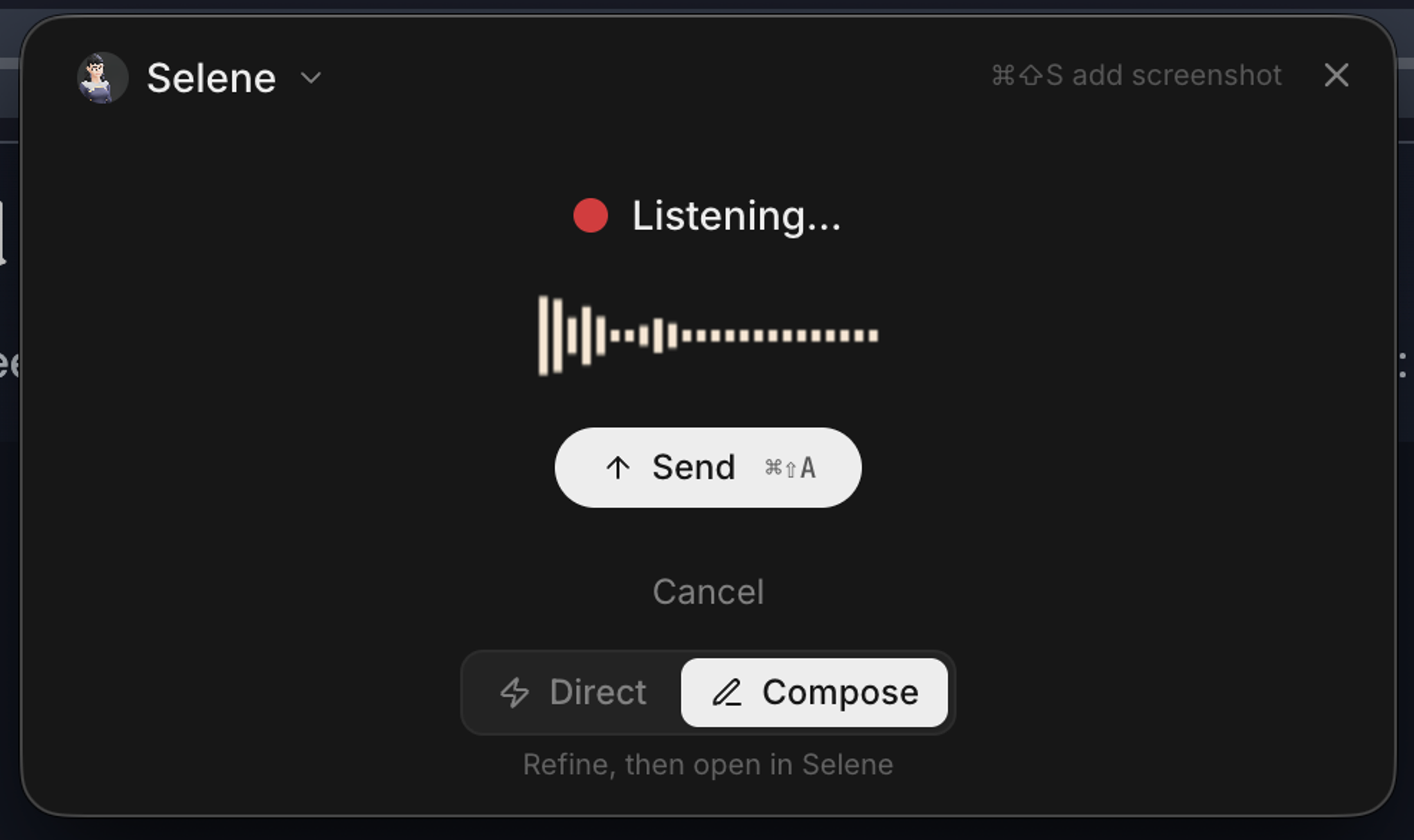 Selene voice overlay showing the listening state with a live waveform visualizer