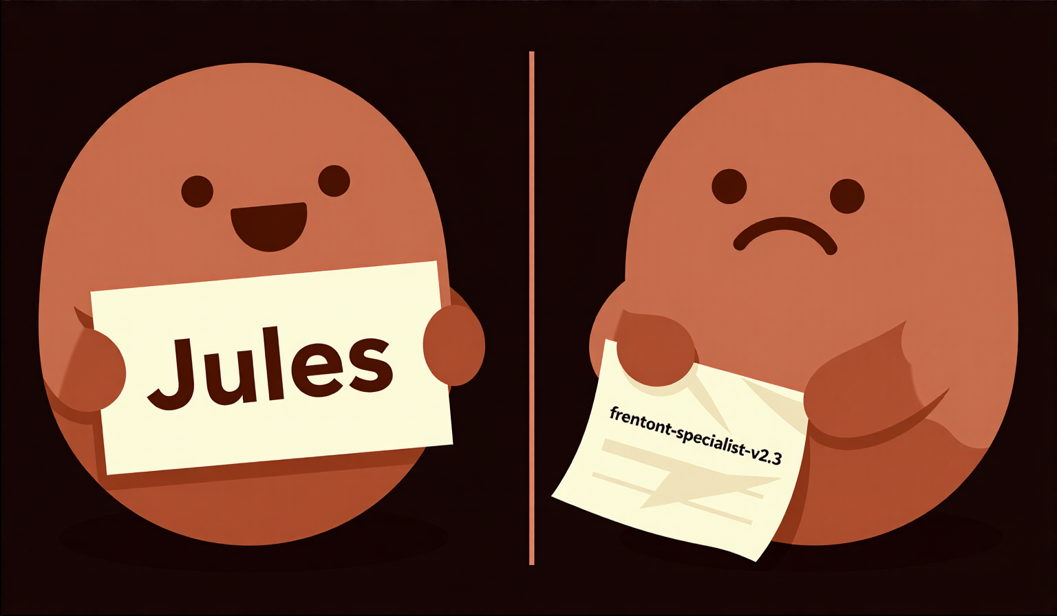 Split illustration: on the left, a happy blob holds a clean paper tag that reads "Jules". On the right, a confused blob holds a crumpled, messy tag with a long technical slug nobody can read.