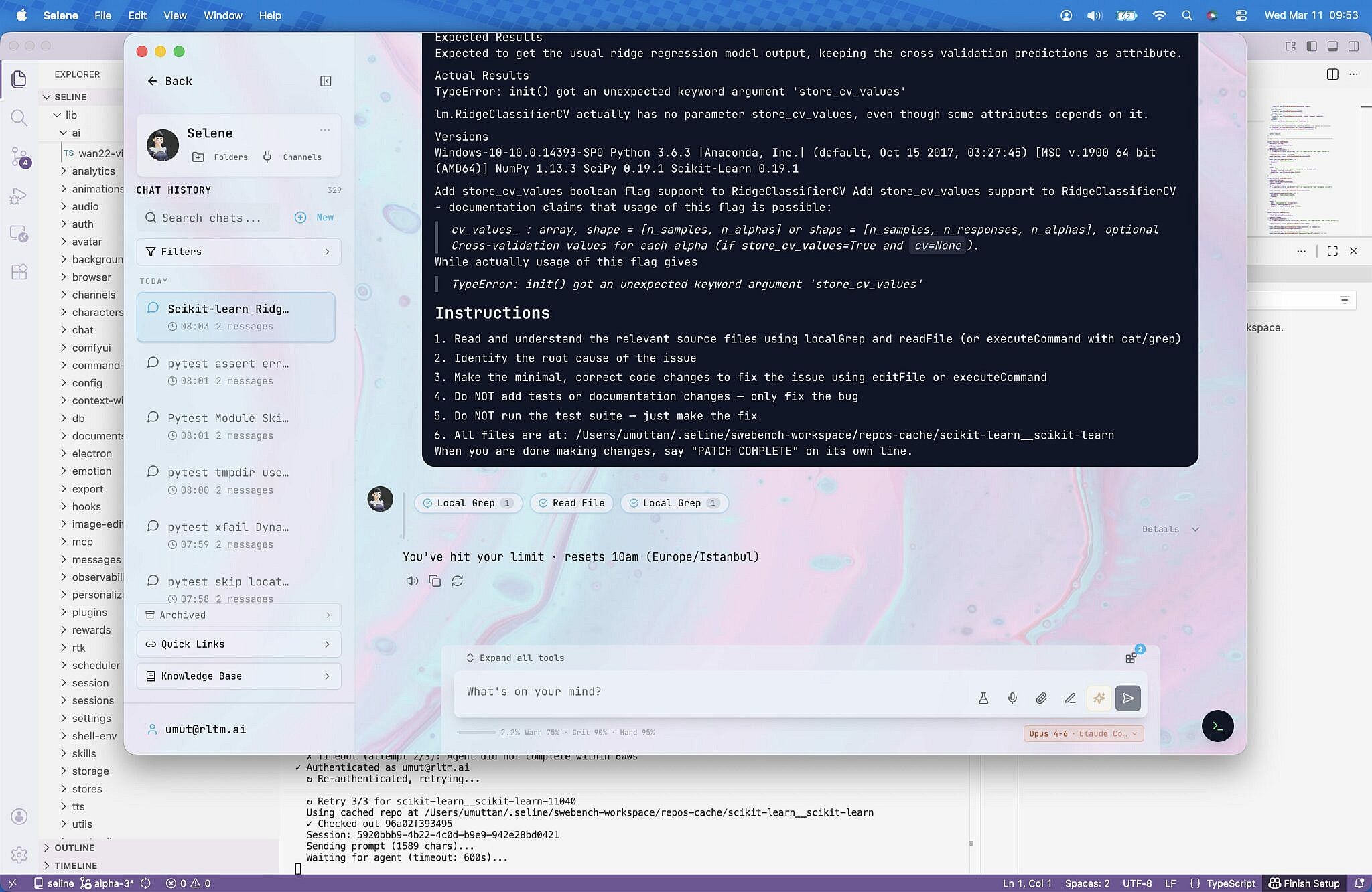 Selene desktop app handling a SWE-bench task inside the interface