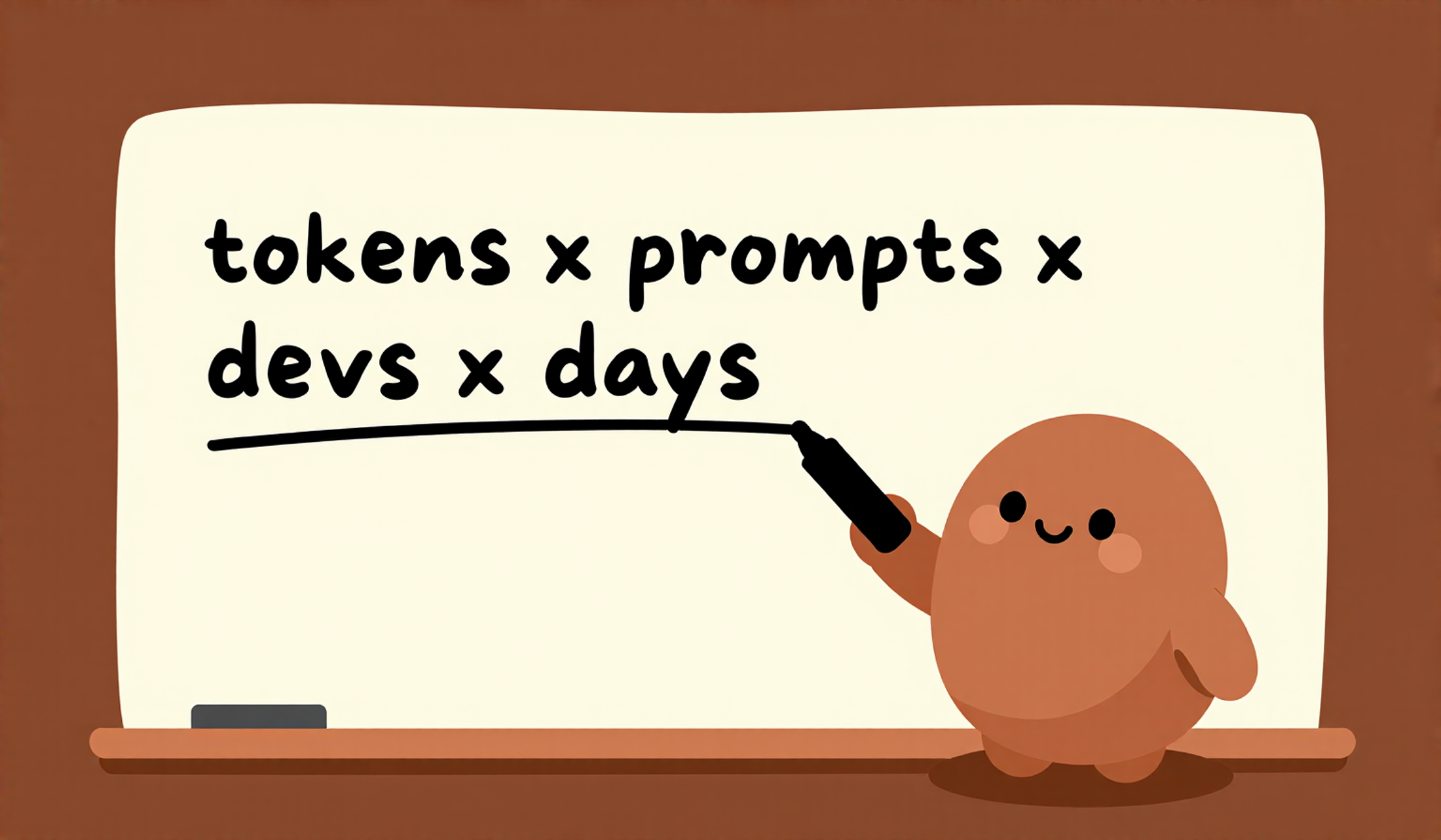 A terracotta blob character stands in front of a cream whiteboard, pointing at a hand-written formula: tokens x prompts x devs x days. Warm flat illustration style.