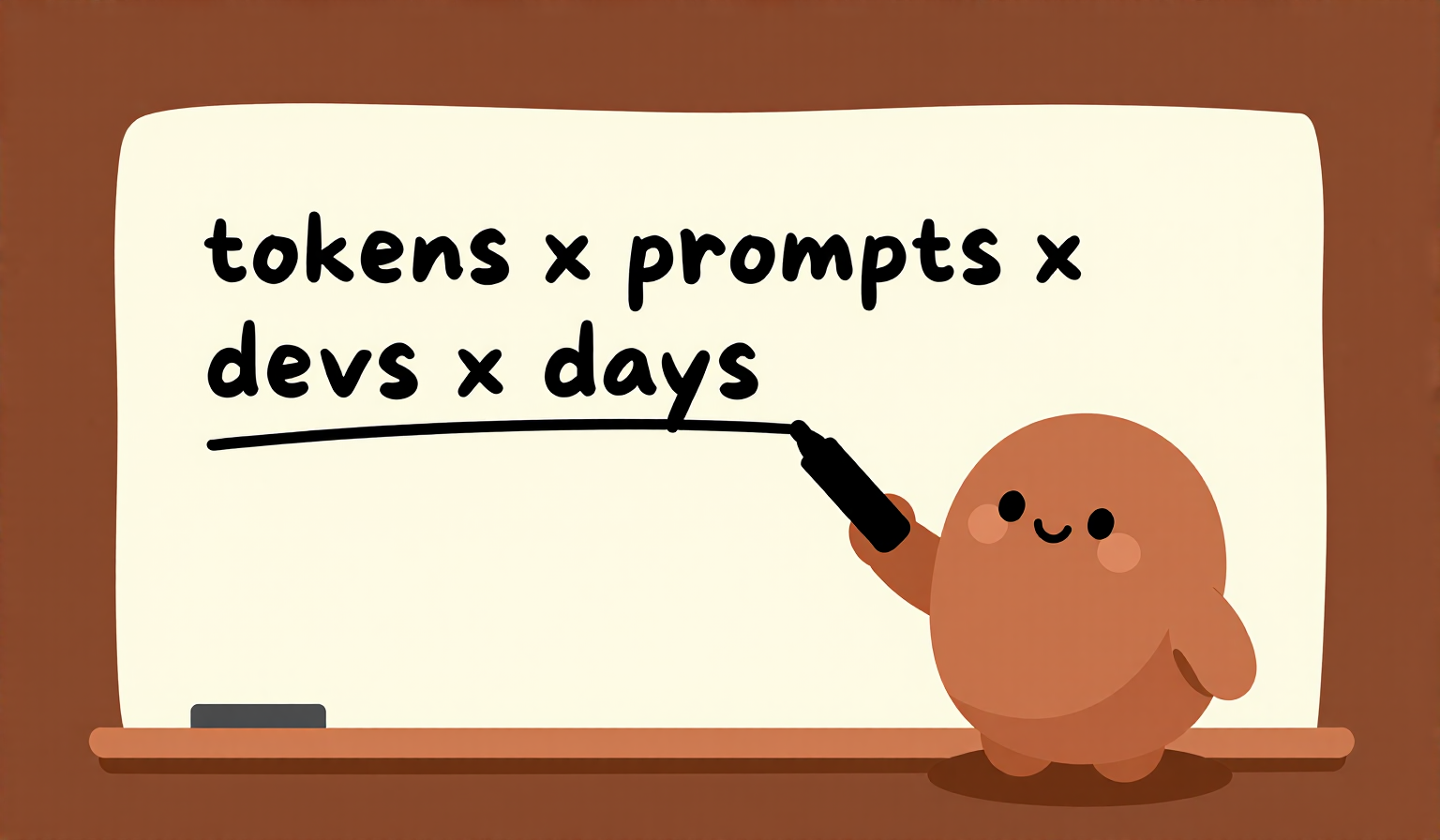 A terracotta blob character stands in front of a cream whiteboard, pointing at a hand-written formula: tokens x prompts x devs x days. Warm flat illustration style.