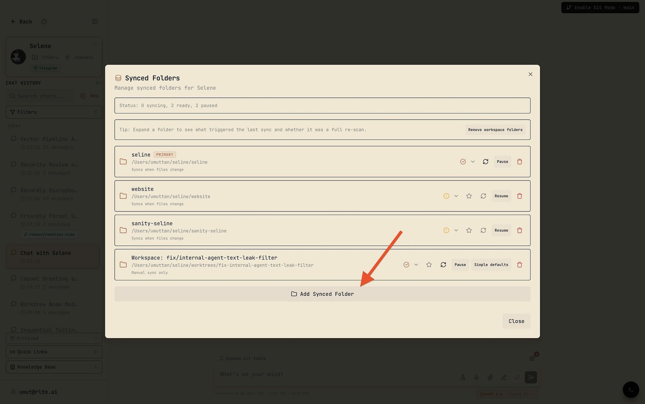 Folders button in top-left of Selene