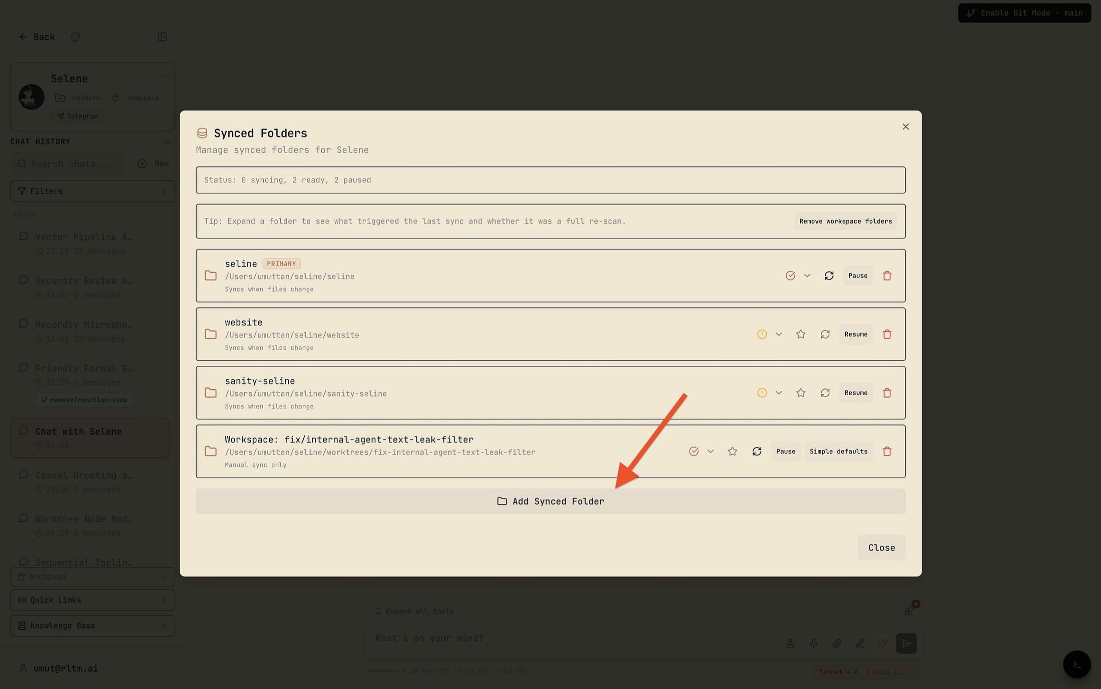 Folders button in top-left of Selene