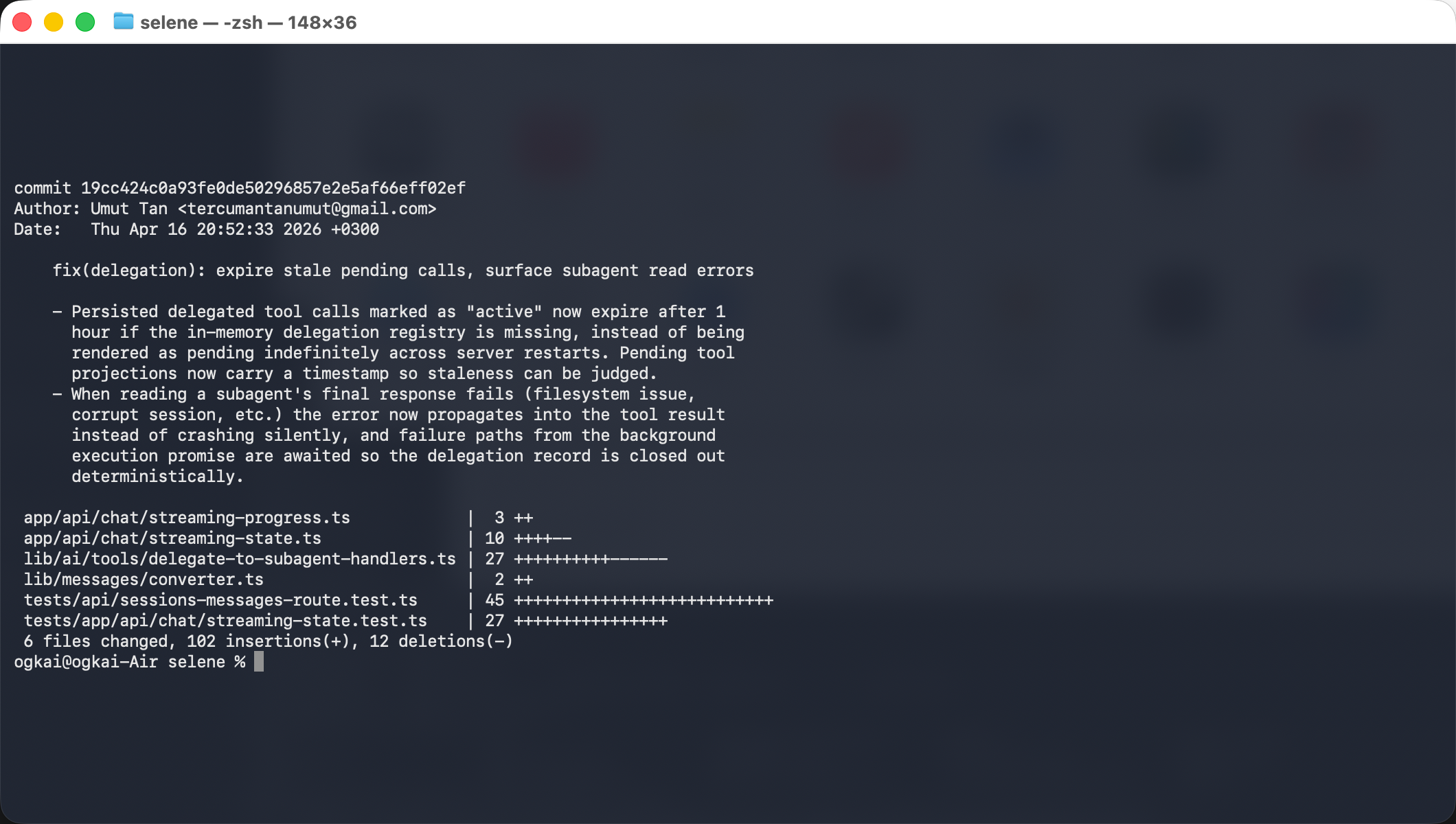 Terminal showing git show output for commit 19cc424c — fix(delegation): expire stale pending calls, surface subagent read errors