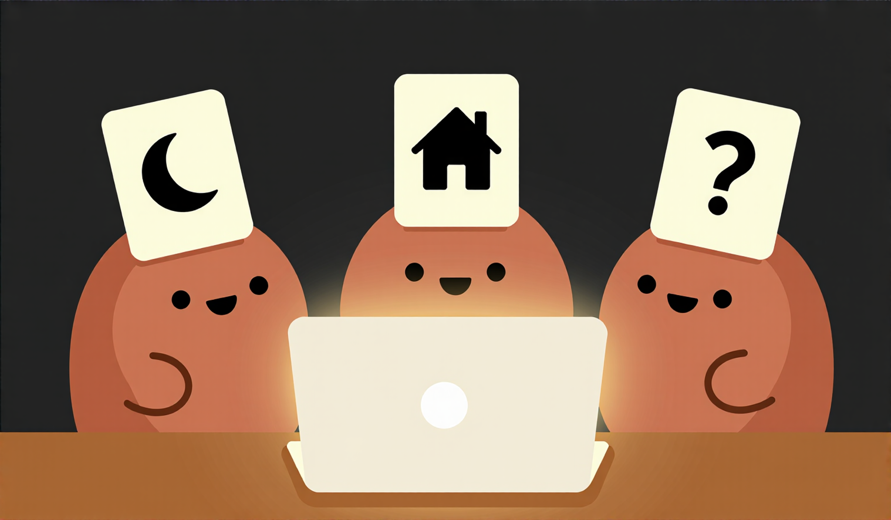 Three friendly round blobs gathered around a glowing laptop at night, each with a paper role card floating above its head — a crescent moon, a house, and a question mark. A warm illustration of a multi-agent team playing a role-guessing game.