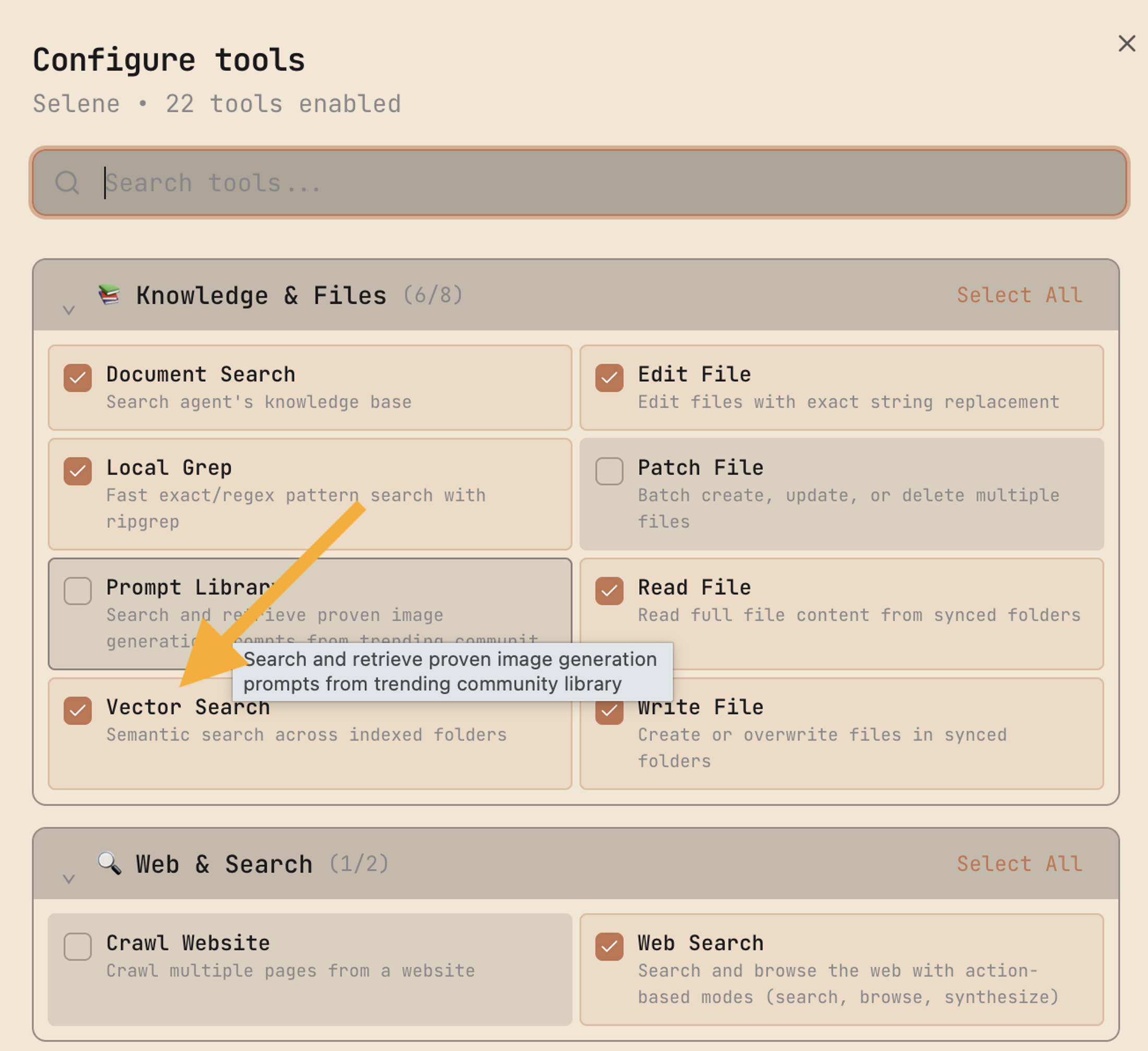 Vector Search enabled in chat menu