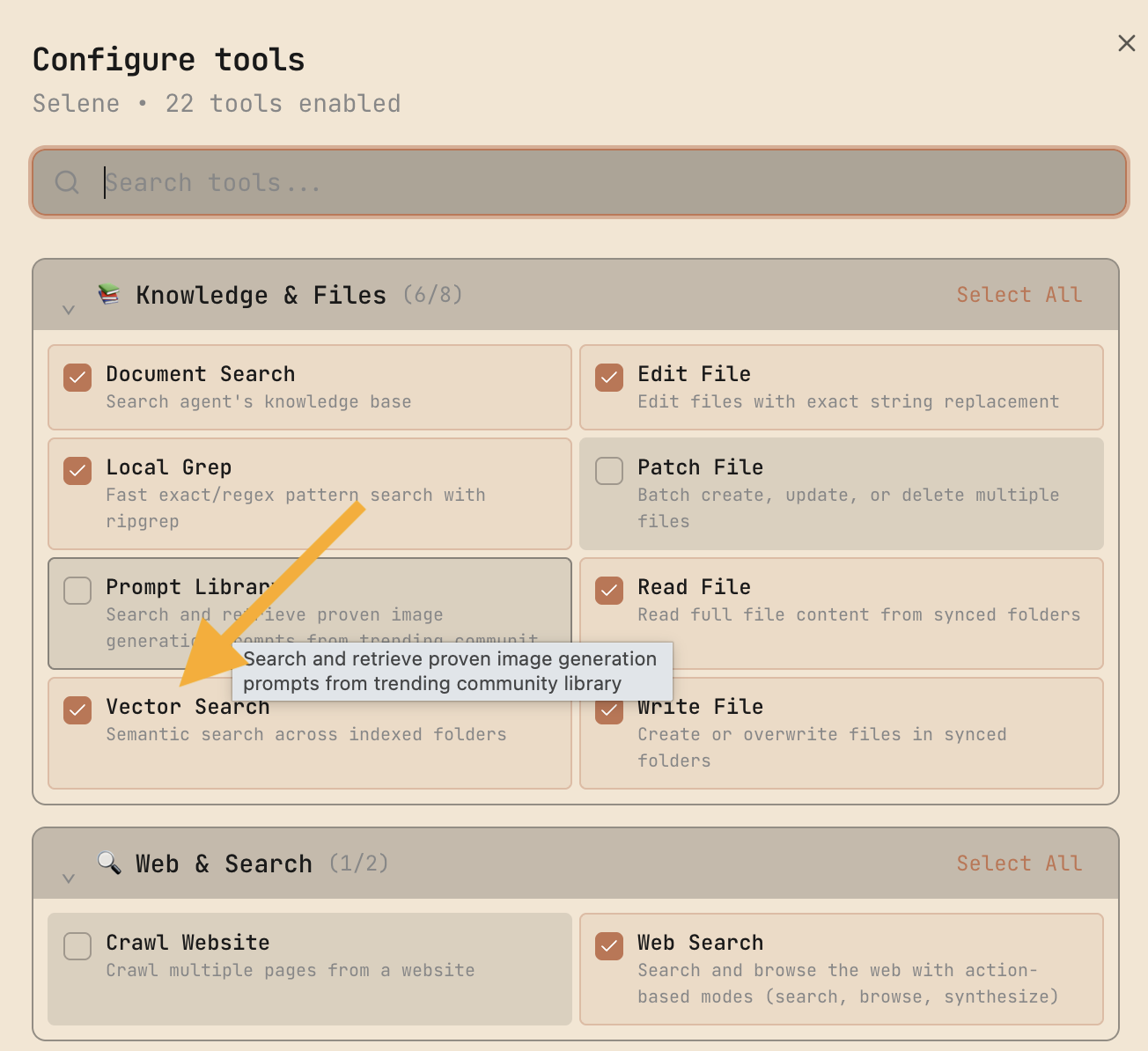 Vector Search enabled in chat menu