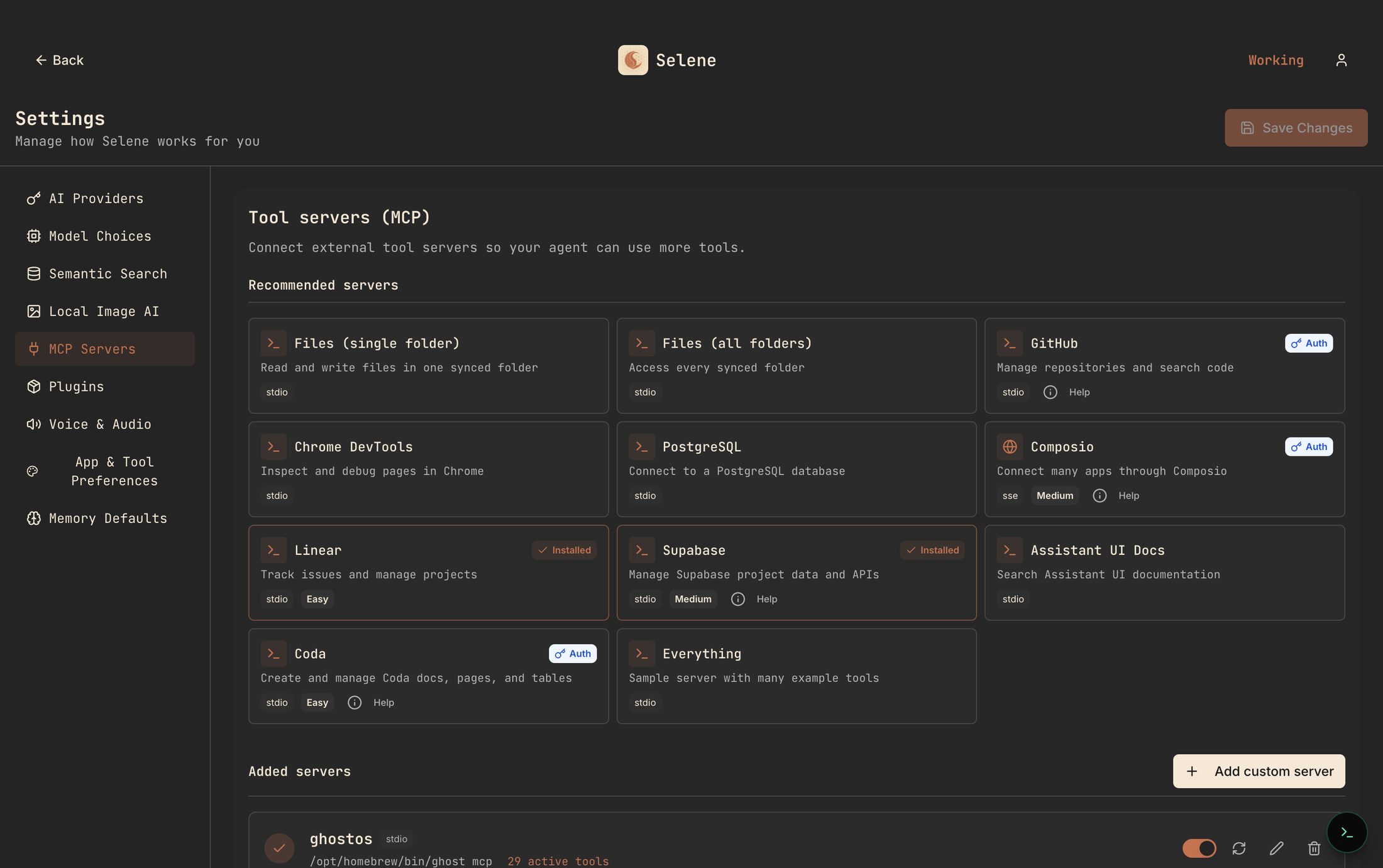 Selene Settings page "Tool servers (MCP)" showing a grid of recommended servers including GitHub, Chrome DevTools, PostgreSQL, Linear, Supabase and a custom ghostos server.