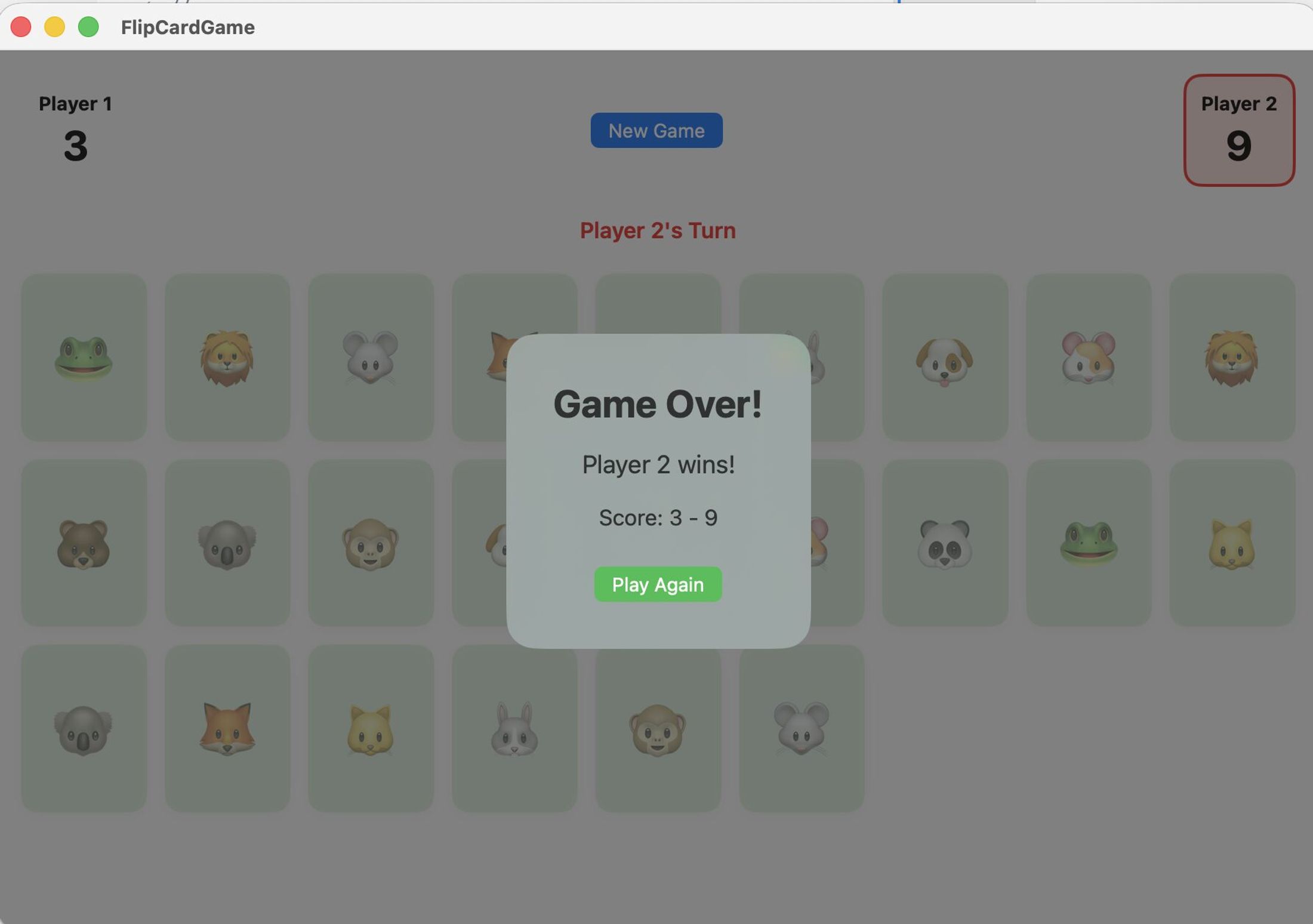 The finished Flip the Card game running in the simulator