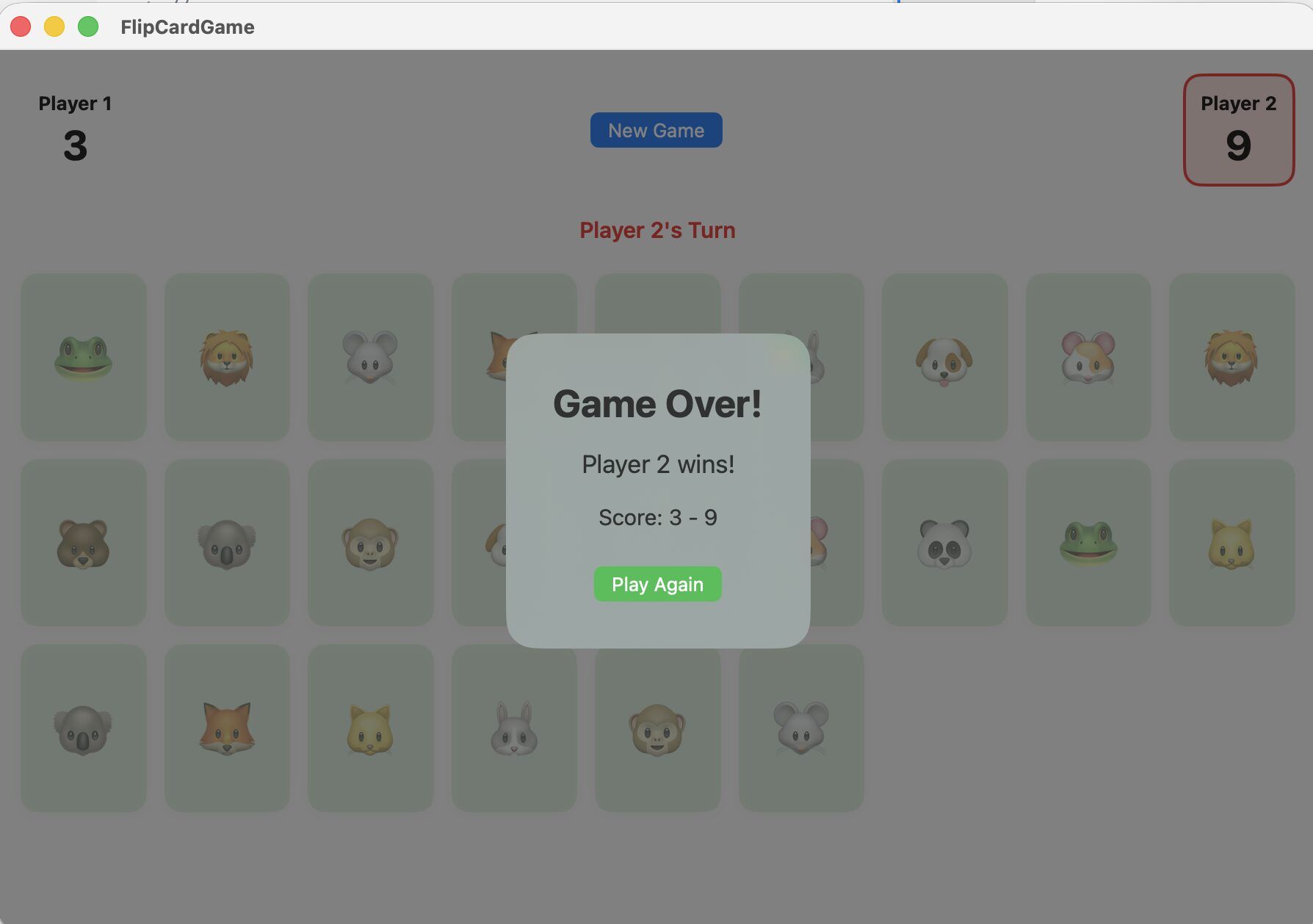The finished Flip the Card game running in the simulator
