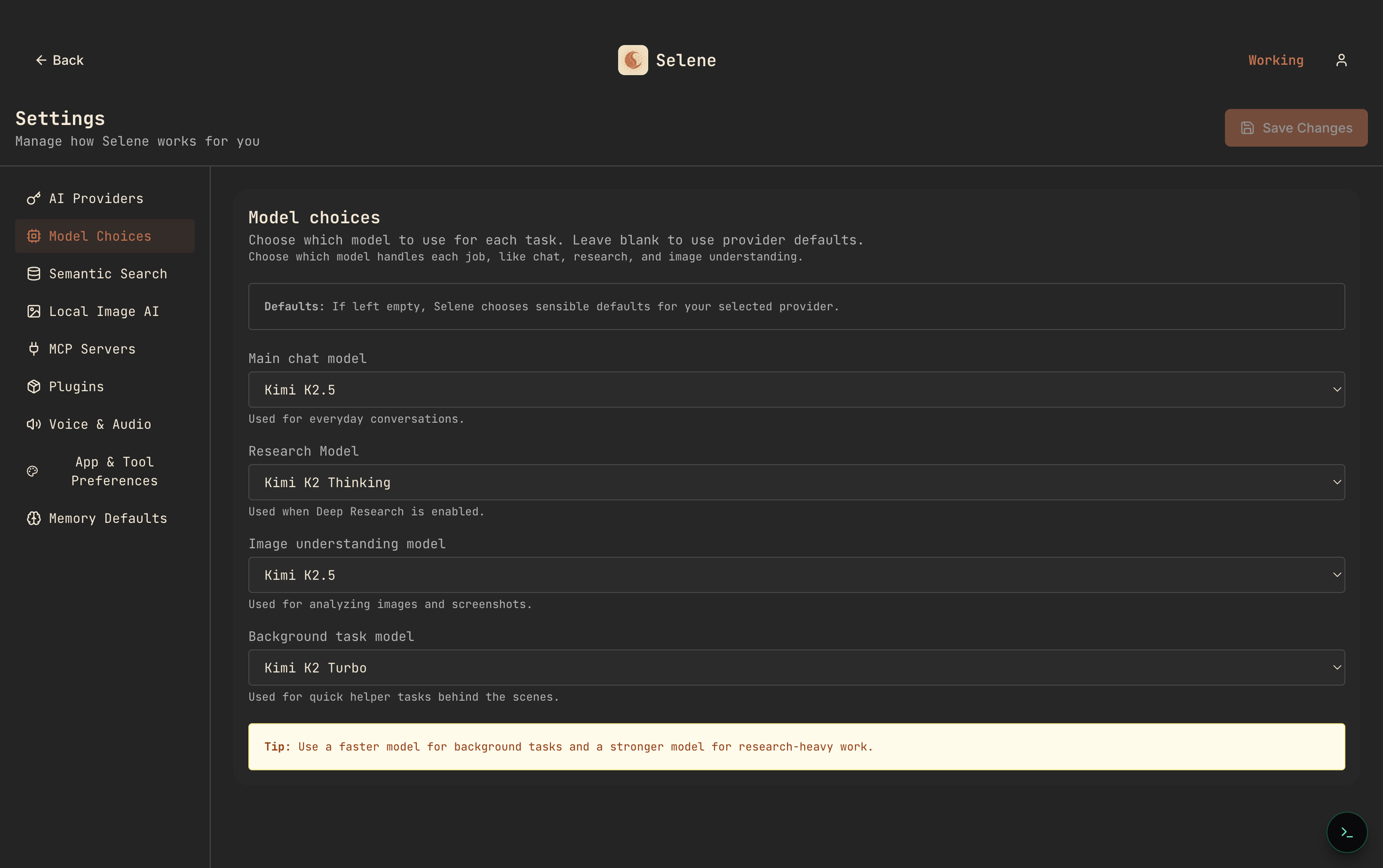 Selene Settings page titled "Model choices" with four dropdowns — Main chat model, Research Model, Image understanding model and Background task model — each configured separately.