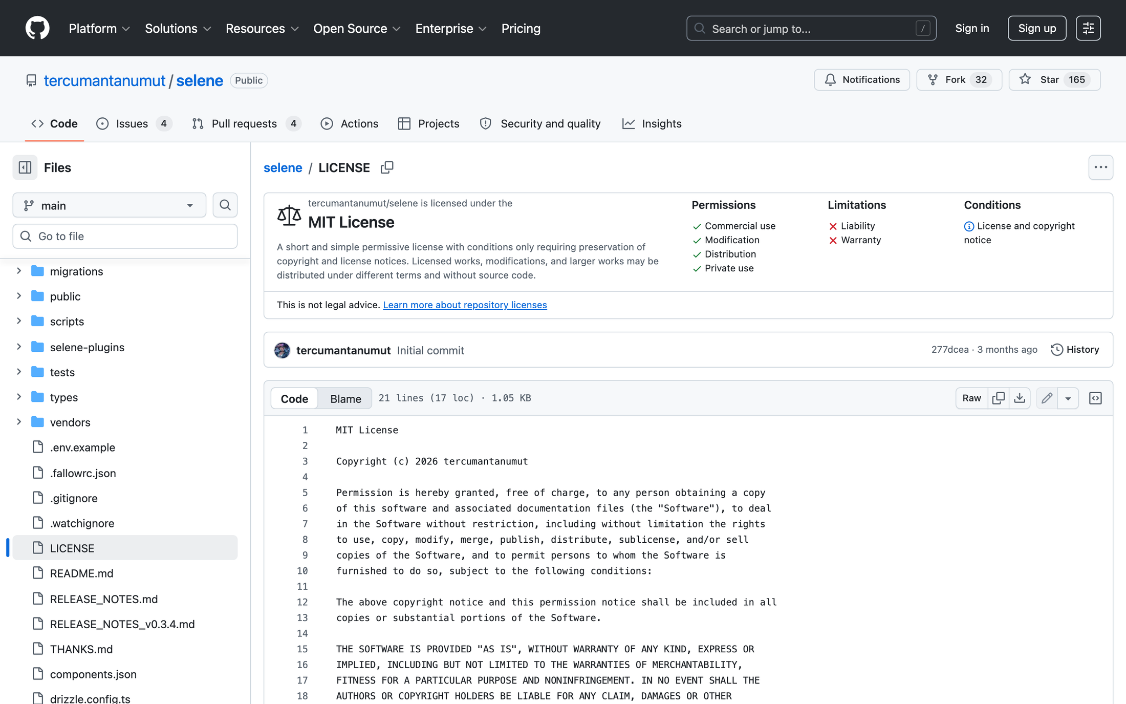 GitHub LICENSE file for Selene showing the MIT License with permissions for Commercial use, Modification, Distribution and Private use.