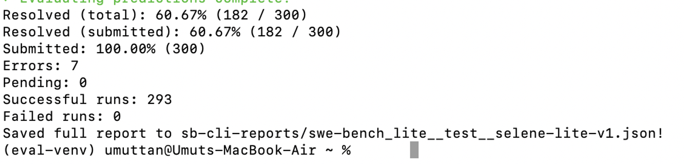 Terminal output showing the first SWE-bench Lite result for Selene