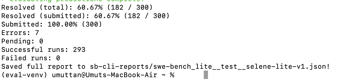 Terminal output showing the first SWE-bench Lite result for Selene