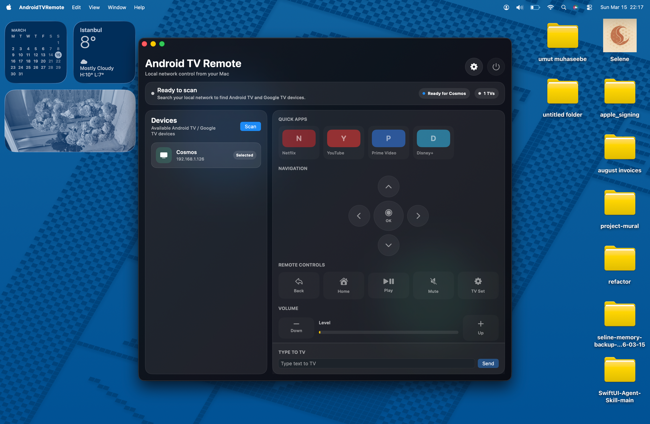 Android TV Remote in its early usable state with Cosmos discovered and selected