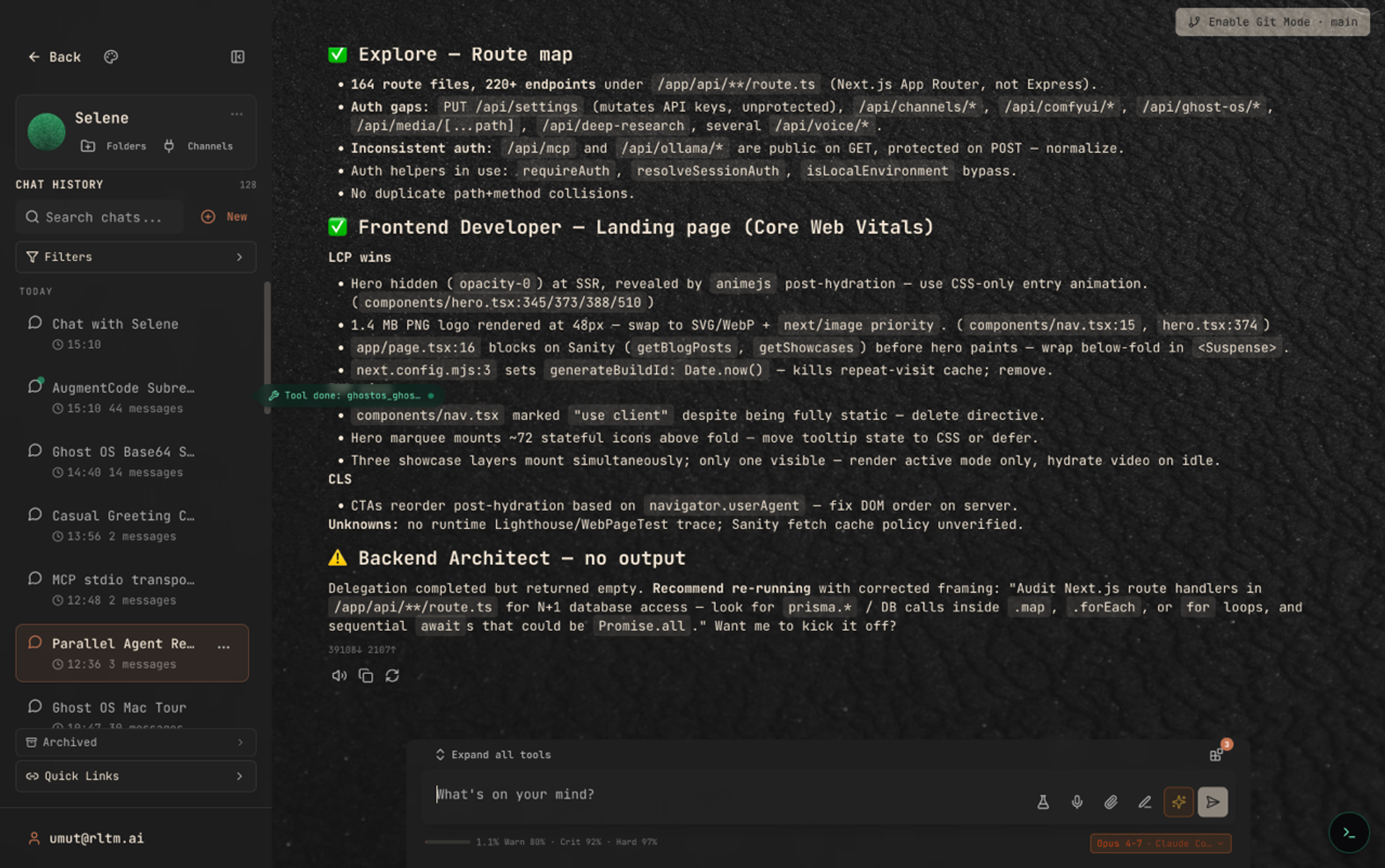 Selene multi-agent delegation view with parallel results from Explore, Frontend Developer, and Backend Architect subagents