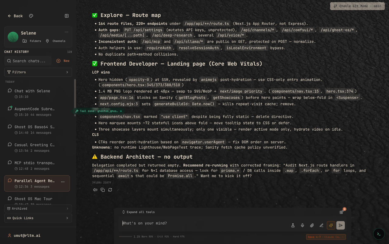 Selene multi-agent delegation view with parallel results from Explore, Frontend Developer, and Backend Architect subagents
