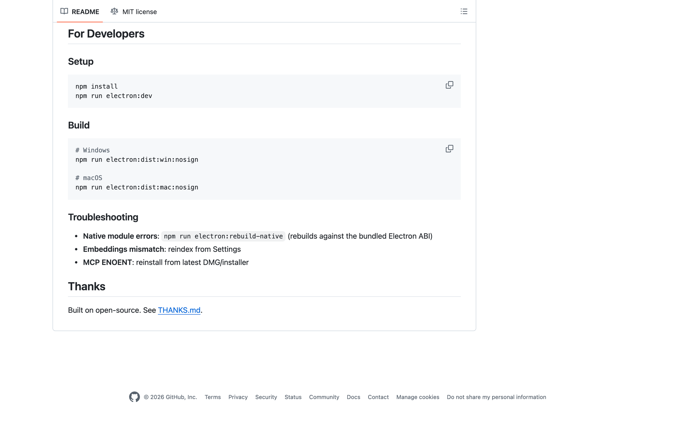 GitHub README "For Developers" section showing npm install, electron:dev and electron:dist:mac:nosign build commands.